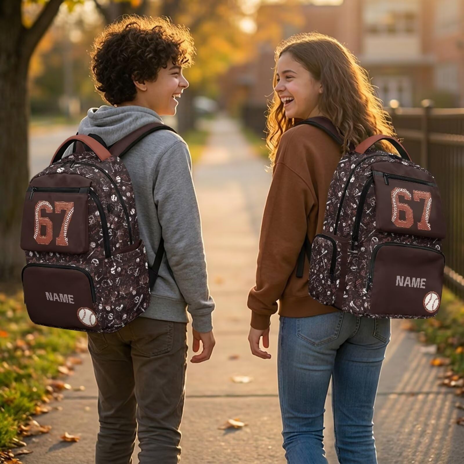 HUGS IDEA Mochila escolar para niños de 17.7 pulgadas con nombre personalizado para niños de 6 a 15 años, Béisbol 67