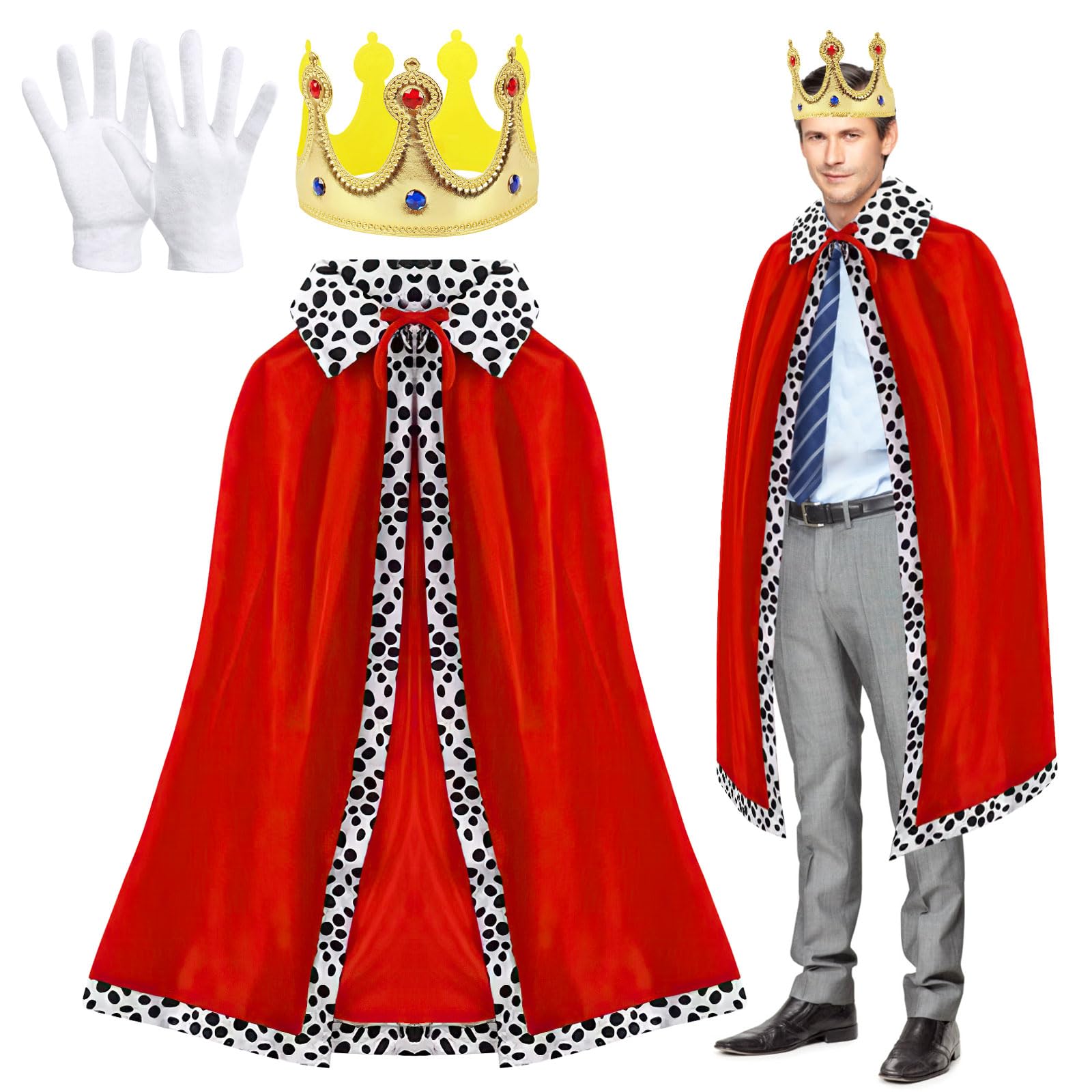 Adults King Cape Adults King Costume Set, 125cm King Robe Queen Robe with Crown and Gloves, Red Robe Cloak for King Queen, King Costume Set for Adult Red Cape for Halloween Fancy Dress Party Carnival
