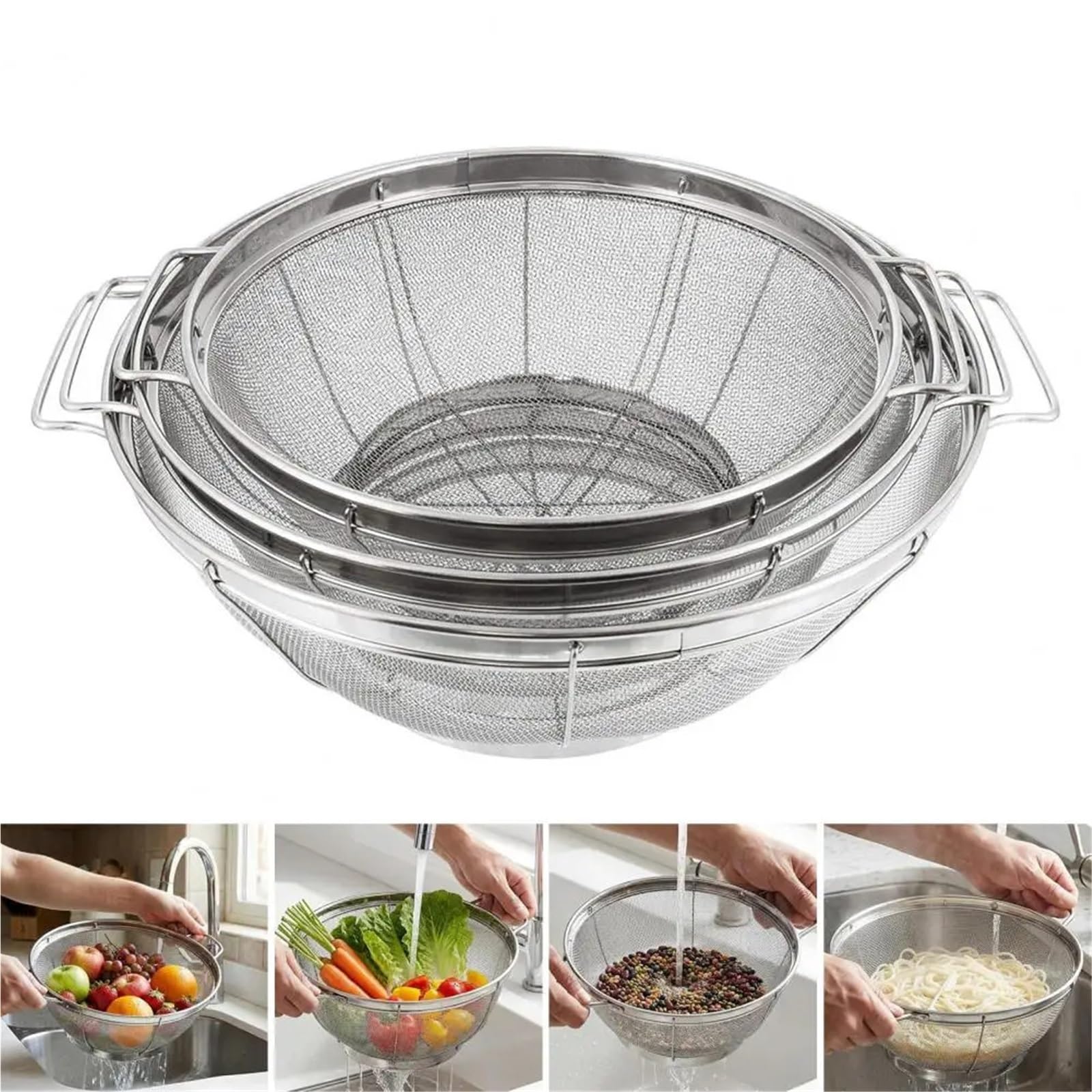 Colador de alimentos alta resistencia, colador malla fina acero inoxidable con doble asa, cesta coladora cocina for lavar frutas, 2 uds para Pasta Verduras y Frutas