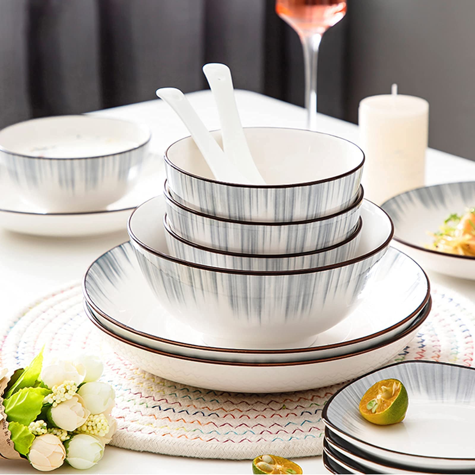 Zestaw obiadowy 60 elementów, zastawa stołowa ceramiczna w stylu europejskim, naczynia, talerze, zestaw obiadowy z ceramiki, porcelanowy serwis dla 12 osób