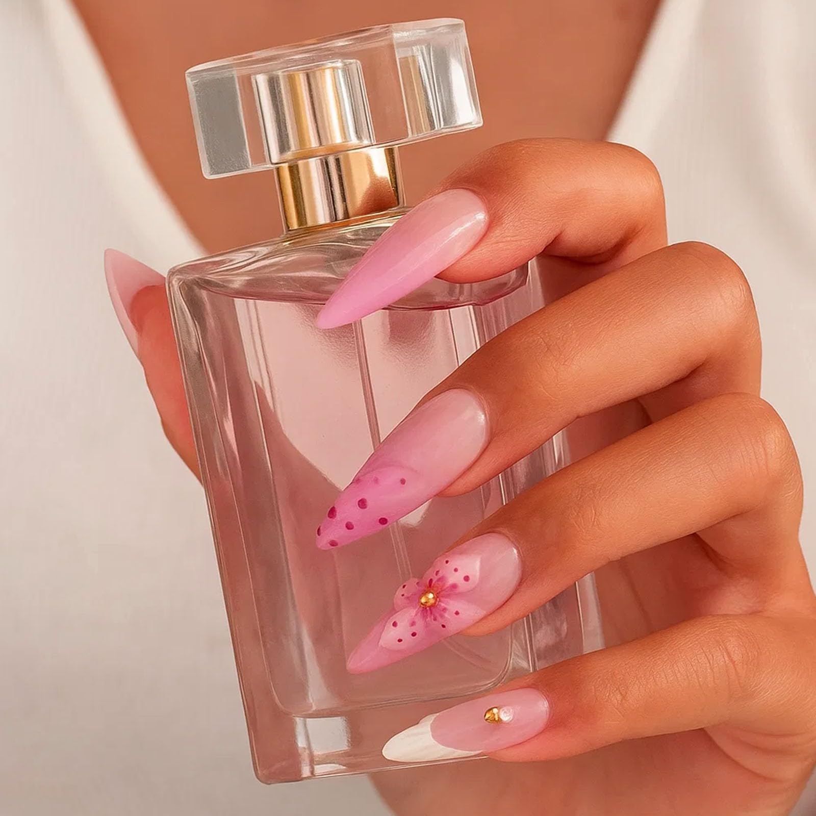 Soft Pink Gradient Stiletto Press-On Nails With Glossy Floral & Polka Dot Designs - Image 3