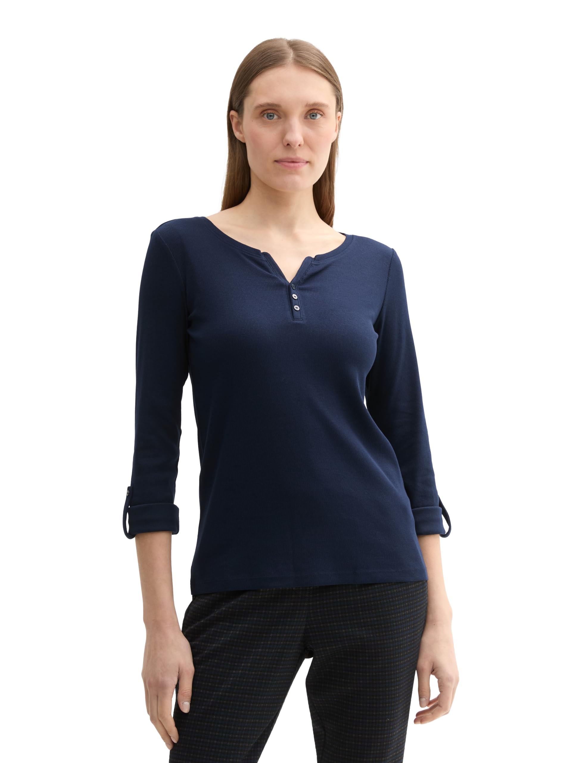 TOM TAILOR Damen Henley Longsleeve mit Streifenmuster