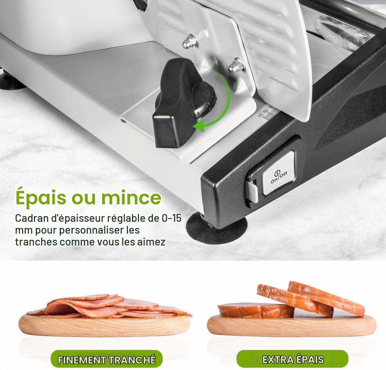 Trancheuse Électrique, Trancheuse à Jambon avec Interrupteur Sécurité Enfants, Lame en Acier Inoxydable, Epaisseur Réglage de 0-15mm pour Jambons, Saucissons, Pains, Viandes etc, 150W