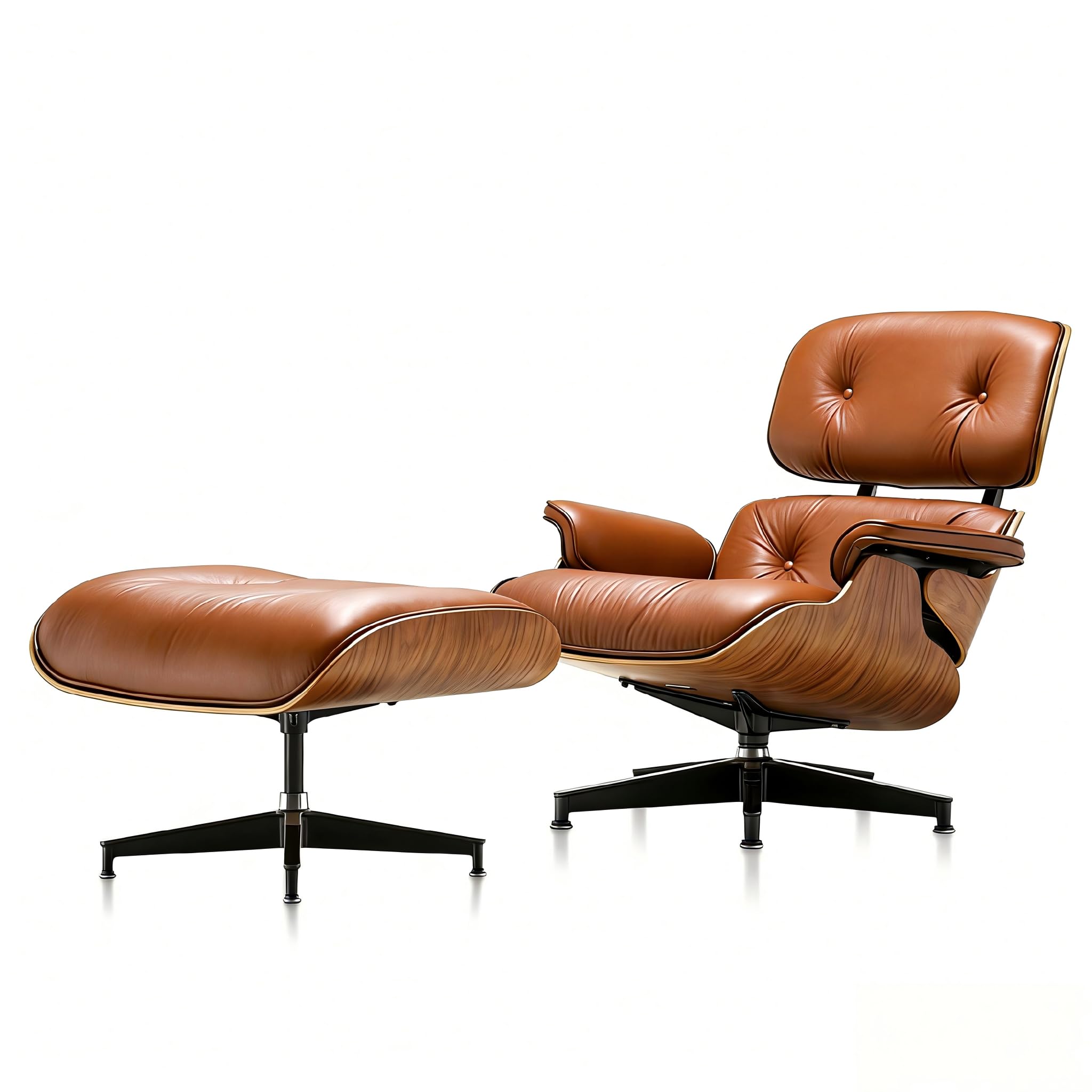 ROYAINROLLY Mid Century Chaise Lounge Chair with Ottoman, Top Black Grain Leather, Modern Office Chair Classic Design, Heavy Duty Base Support for