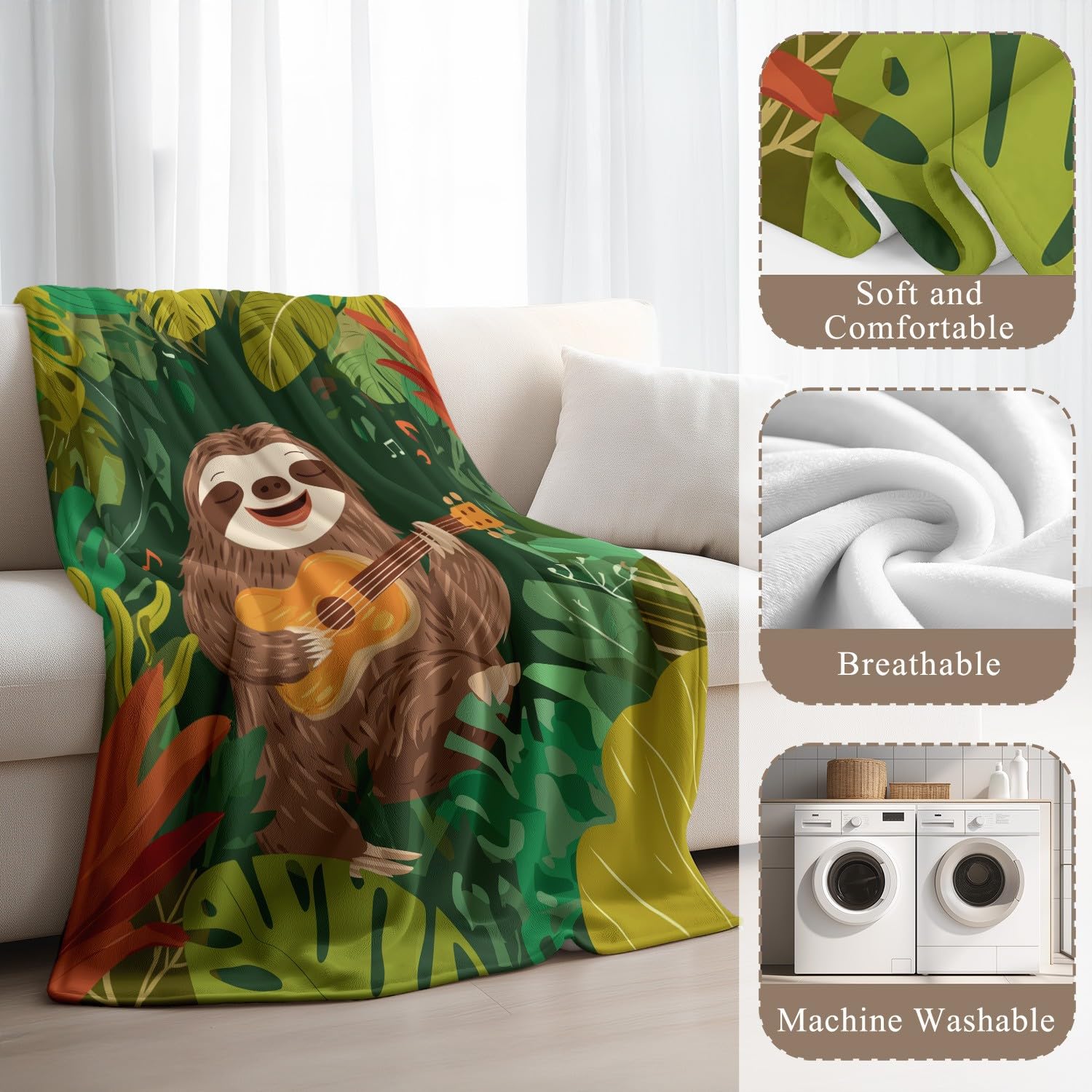 Generisch Kuscheldecke Fleecedecke Decke Cartoon Musik Faultier Grün Gitarre Braun Tier Natürlich 180cm x 200cm Wohndecken Flauschig Überwurf Mikrofaser Tagesdecke Sofadecke für Schlafzimmer