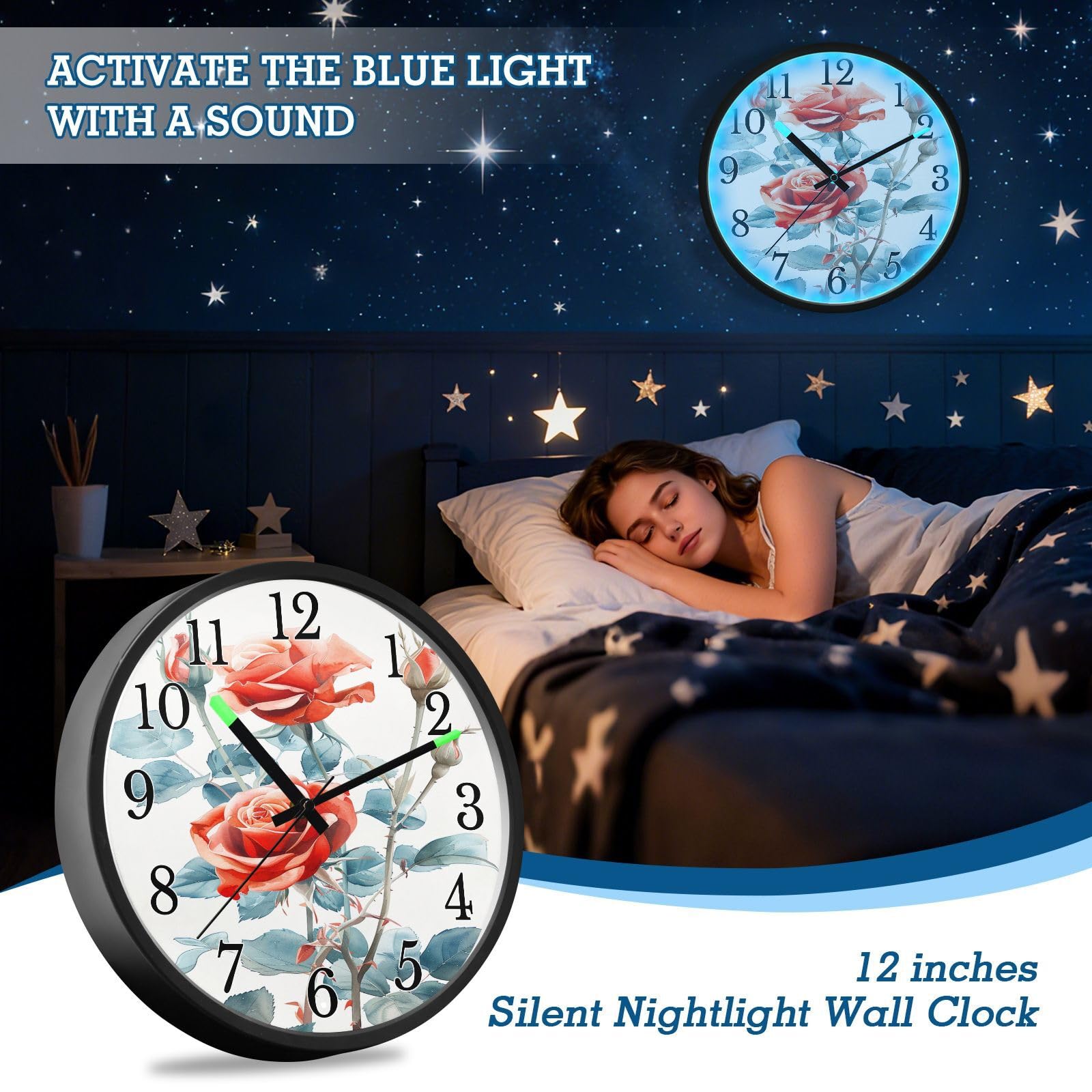 Mnsruu Reloj de pared luminoso con diseño de rosas rojas, funciona con pilas, silencioso, brilla en la oscuridad, para sala de estar, cocina, 30,5 cm