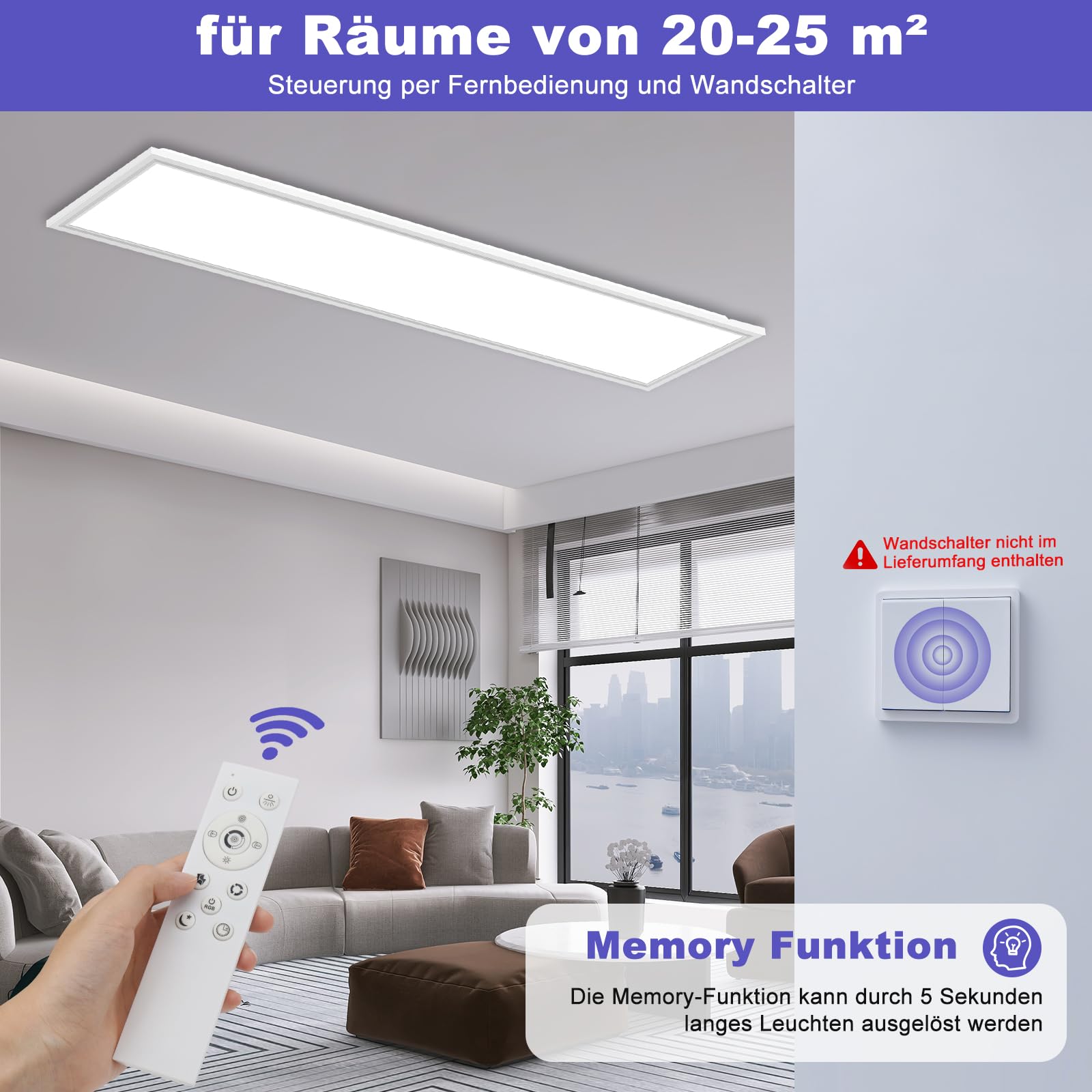 Deckenlampe Led Deckenleuchte Dimmbar Flach - 100x25CM RGB Backlight LED Panel Lampe Decke mit Fernbedienung Timer 3000K-6500K 30W 2543LM für Wohnzimmer Badezimmer küche Schlafzimmer Tageslichtlampe