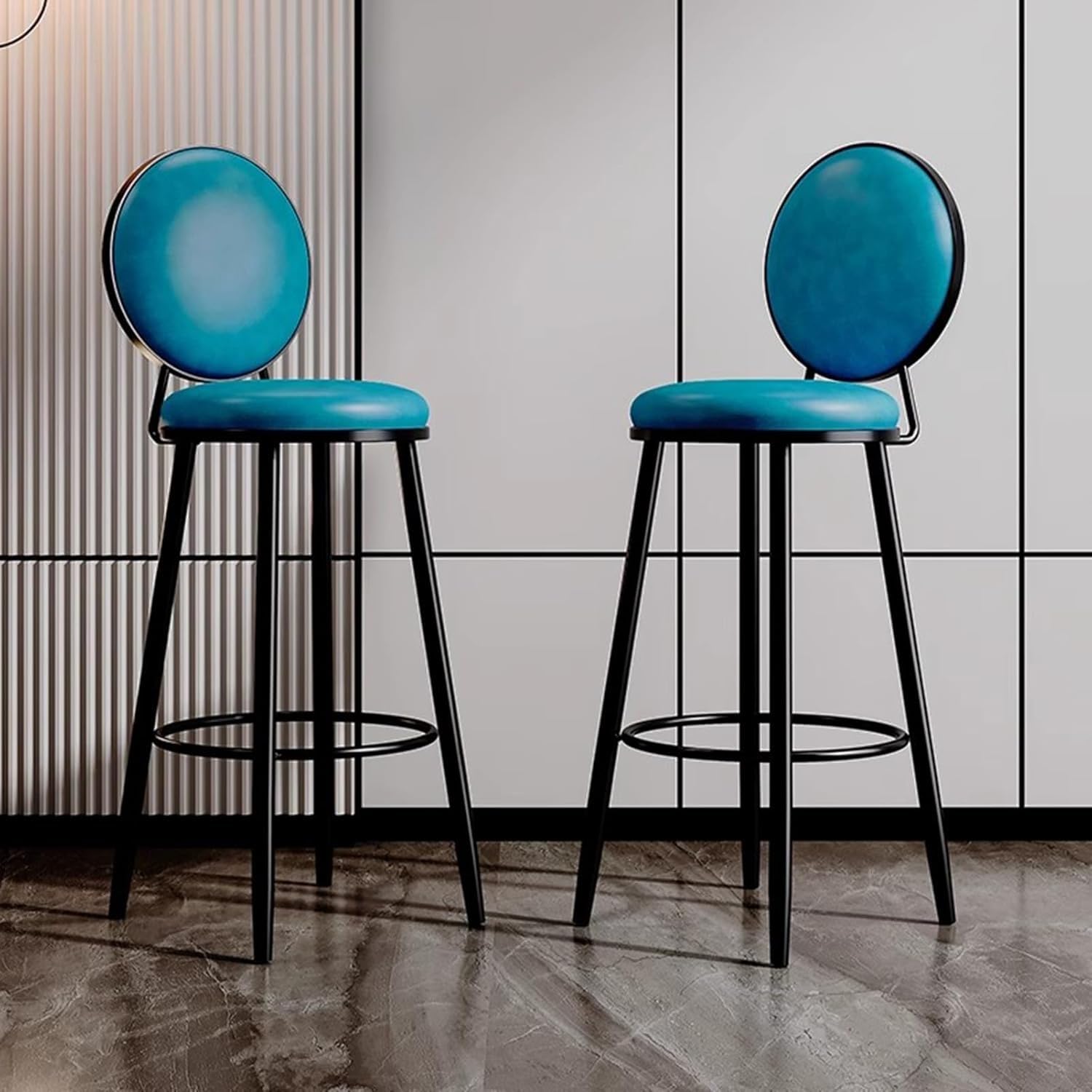 Tabourets de Bar Hauts - Chaises Rondes en Similicuir pour îlot de Cuisine et Coin Repas - Assises élégantes, Hauteur 65 cm, Couleur Bleue - Mobilier Moderne