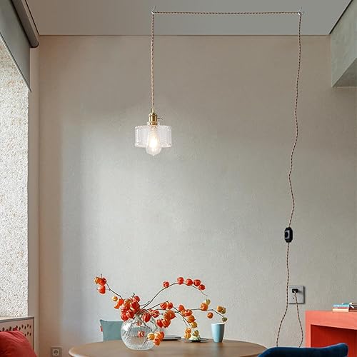 Miniatura 9 de Lámpara colgante vintage con enchufe, lámpara colgante de vidrio a rayas verdes con interruptor de encendidoapagado, perfecta para isla de cocina,