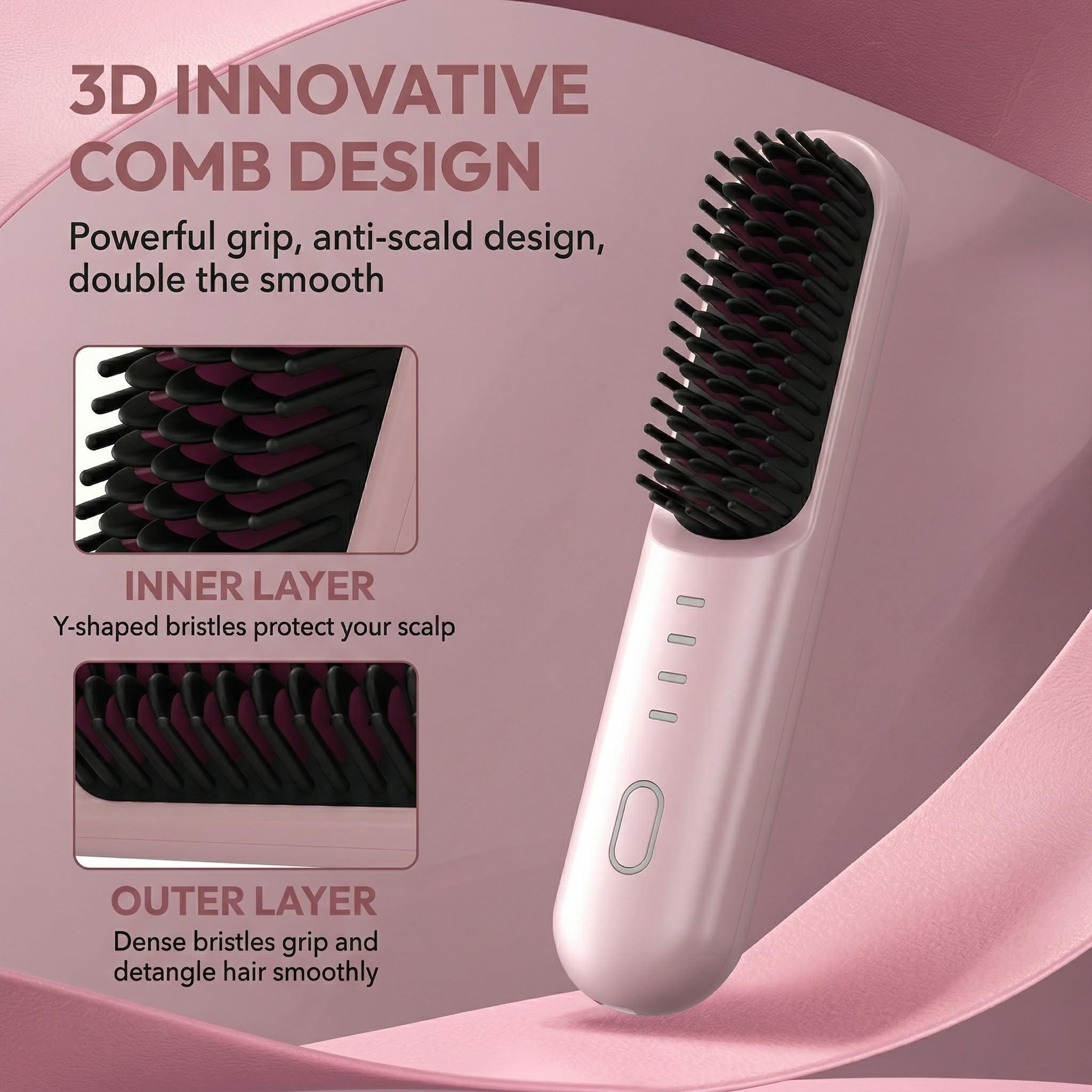 Go Brush - Pro for Short Hair - 2026 Upgraded Cordless Straightening Brush with 30s Fast Heat, 4 Temperature Settings, Ionic & Ceramic Care, 4000mAh USB-C Rechargeable for Frizz-Free Styling (Pink) - 3