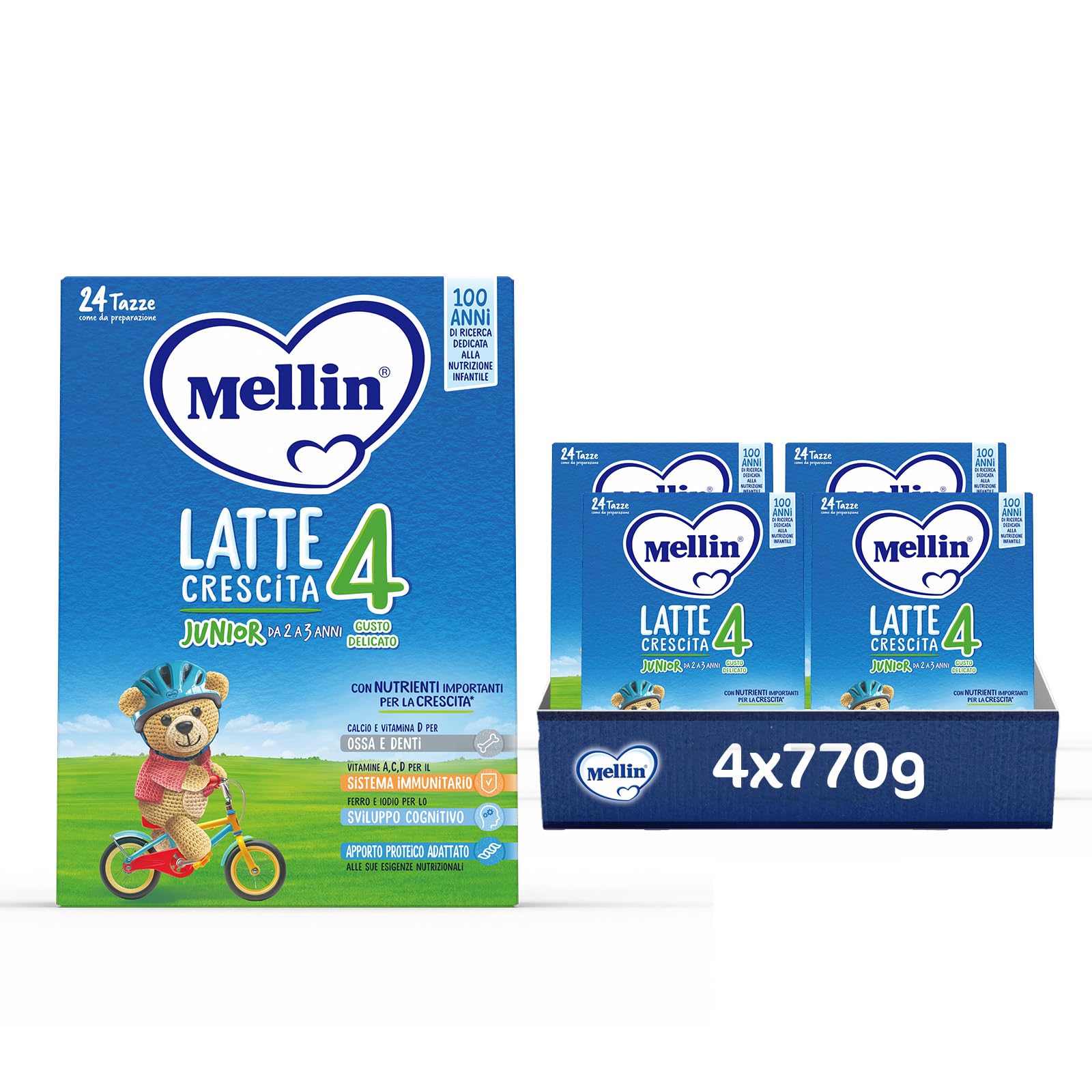 MELLIN 4 - Latte di Crescita in Polvere per Bambini - dal 2° anno compiuto al 3° anno, Gusto Delicato - Confezione da 3080 grammi (4 pezzi da 770g)