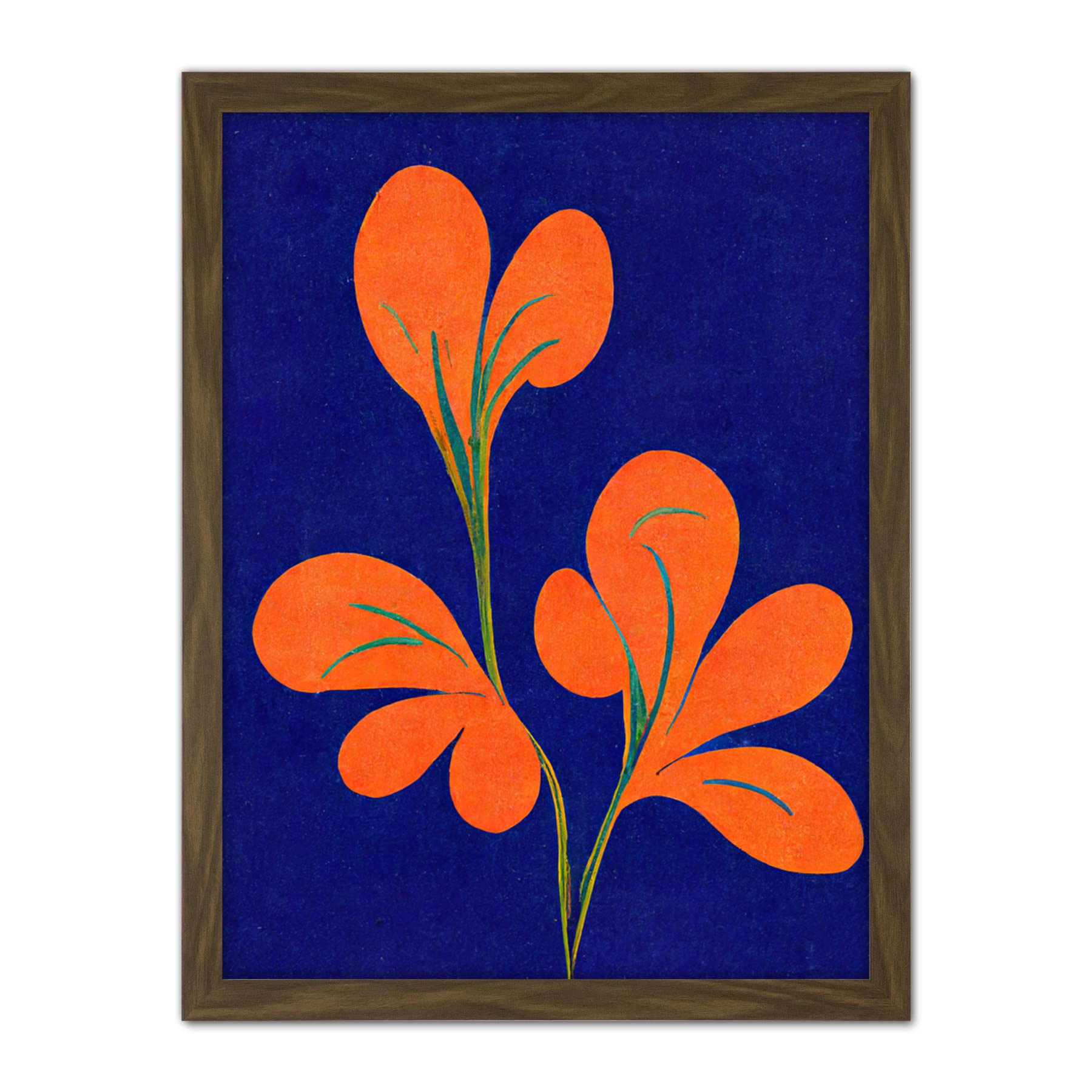 Doppelganger33 LTD Henri Matisse Inspired Bright Abstract Orange Flower Blooms On Royal Blue Artwork Framed Wall Art Print 18X24 Inch