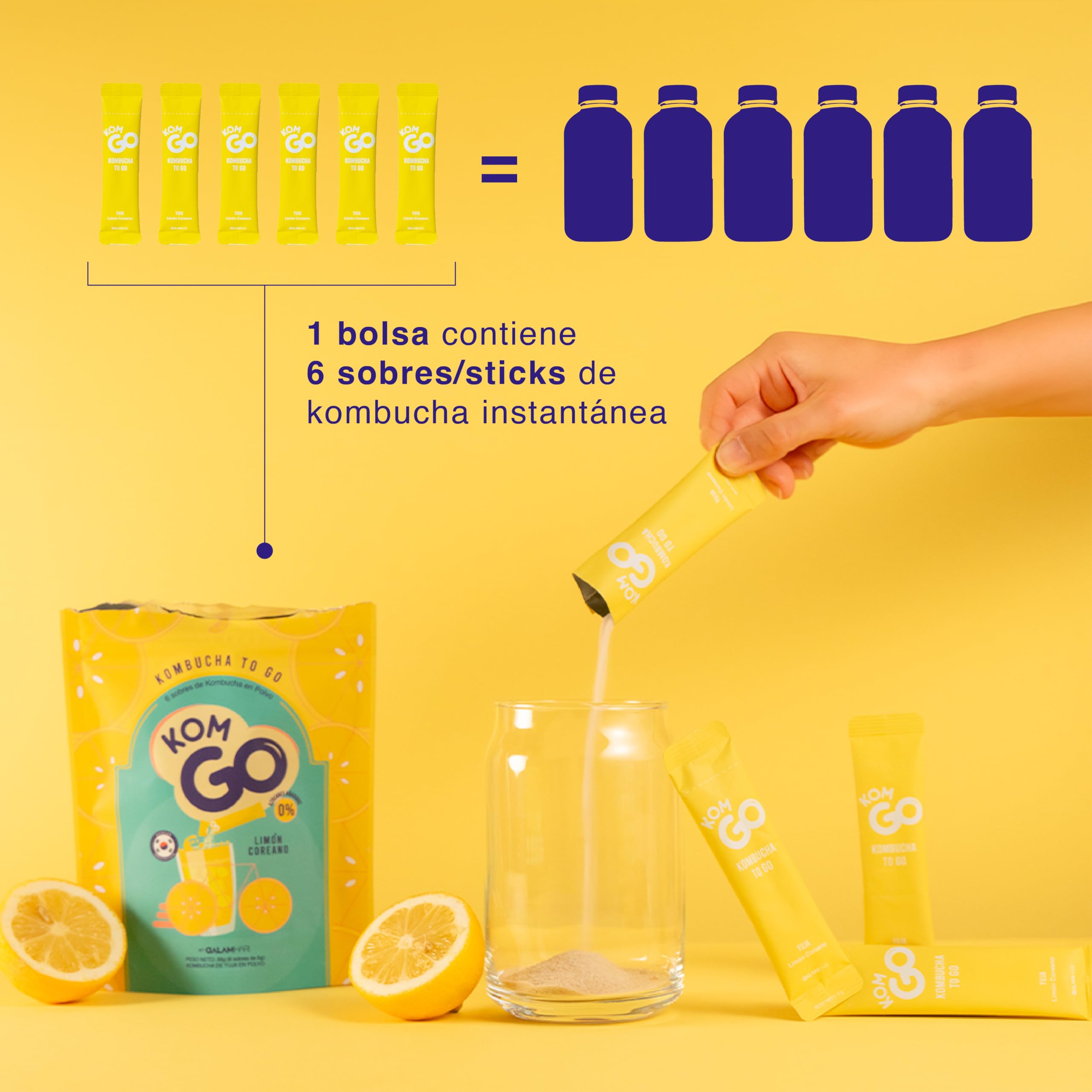 KOMGO Kombucha en Polvo Bebida Instantánea con Probióticos y Antioxidantes 15 Kcal Limón Coreano