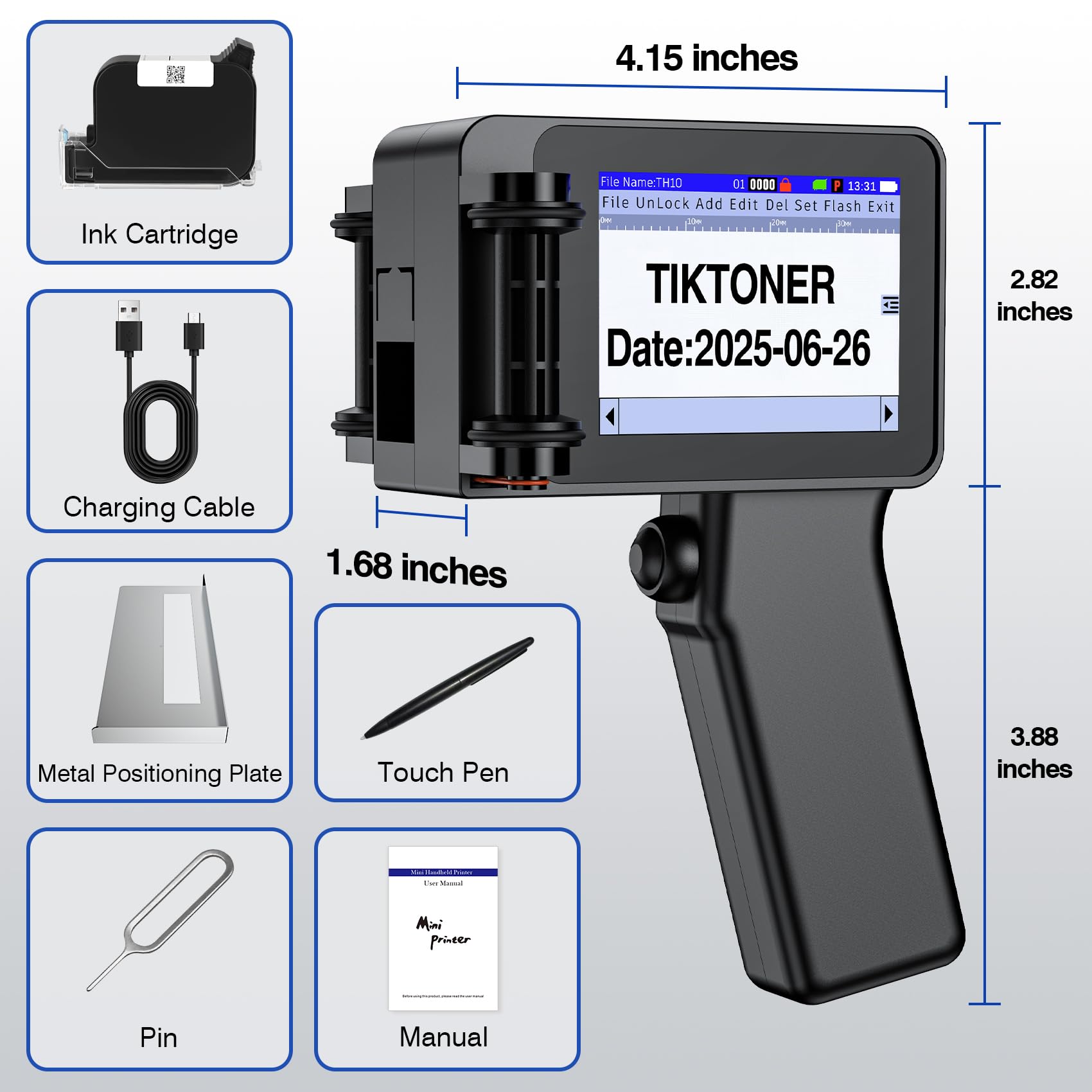 TH10 Mini Impresora de Mano Portátil con Cartucho de Tinta de Secado Rápido, Altura de Impresión de 2~12,7 mm Máquina Codificación de Inyección de Tinta para Texto Fecha Imagen Número de lote