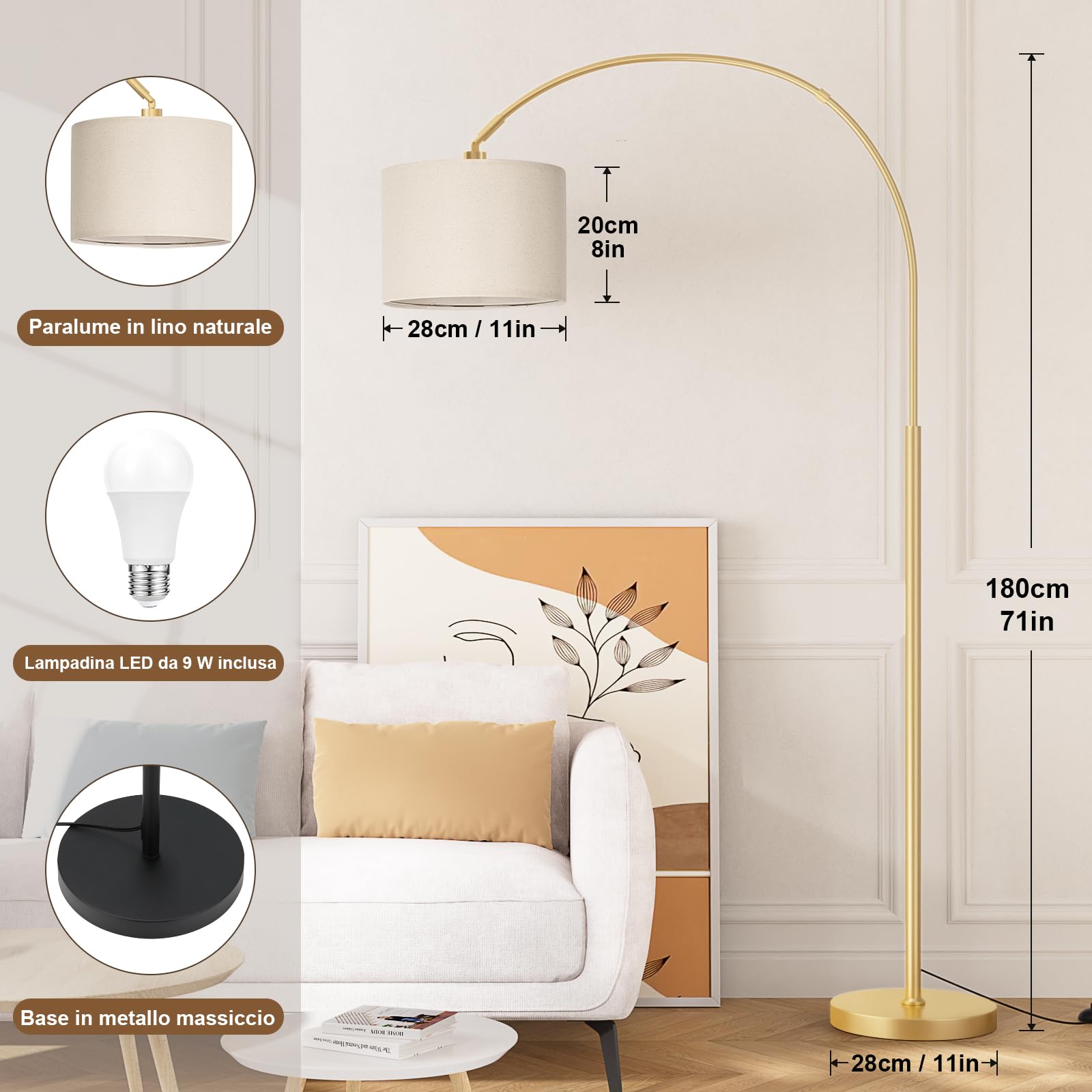 Lampadaire sur Pied Salon, LED E27 Lampe a Pied avec Télécommande, Lampadaire Arc Vintage, 3000K-6000K Intensité Variable pour Salon Chambre Bureau, Abat-jour Beige et Socle Doré, 180cm