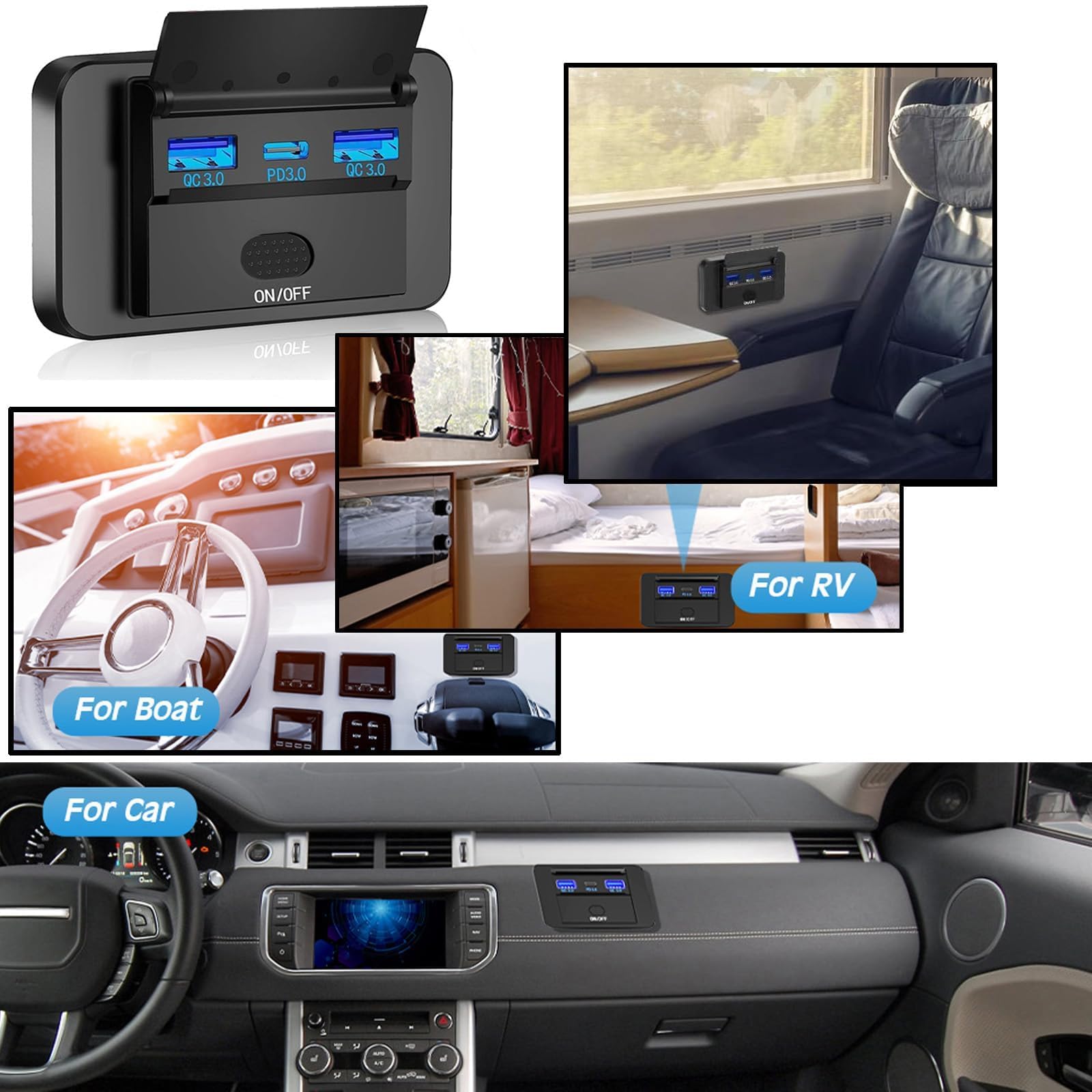 Presa USB 12V, 72W - Caricatore Triplo Porta con Ricarica Rapida Simultanea (2xQC3.0 + PD), Interruttore On/Off, Presa USB Integrabile per Auto 12-24V, Camion, Barche, Camper (2 Pezzi)