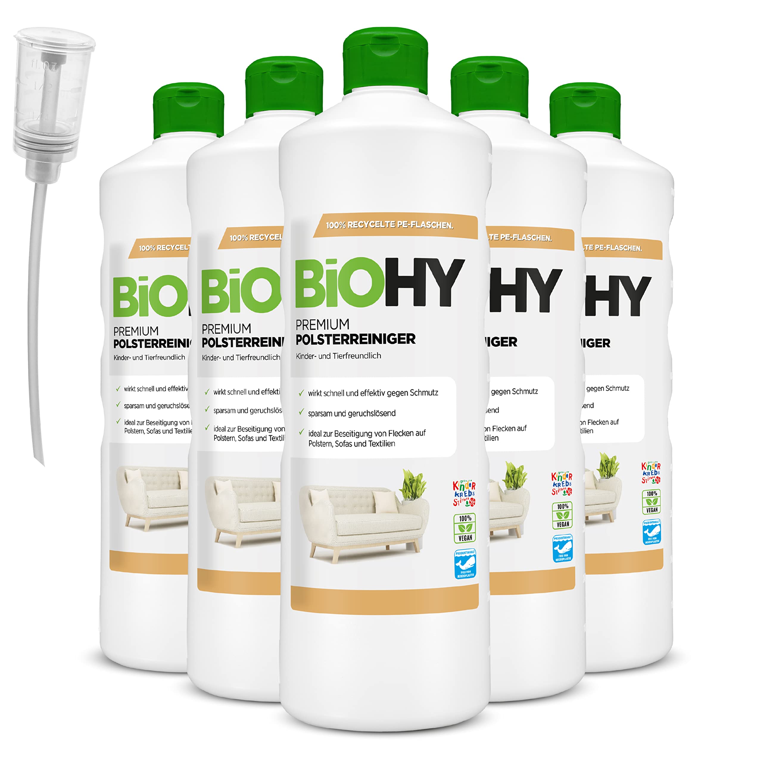 BiOHY Limpiador de Tapicerías Premium (6 botellas de 1 litro) + Dosificador | Concentrado para muebles tapizados, sofás, alfombras y textiles | quitamanchas que disuelven el olor (Premium Polster)