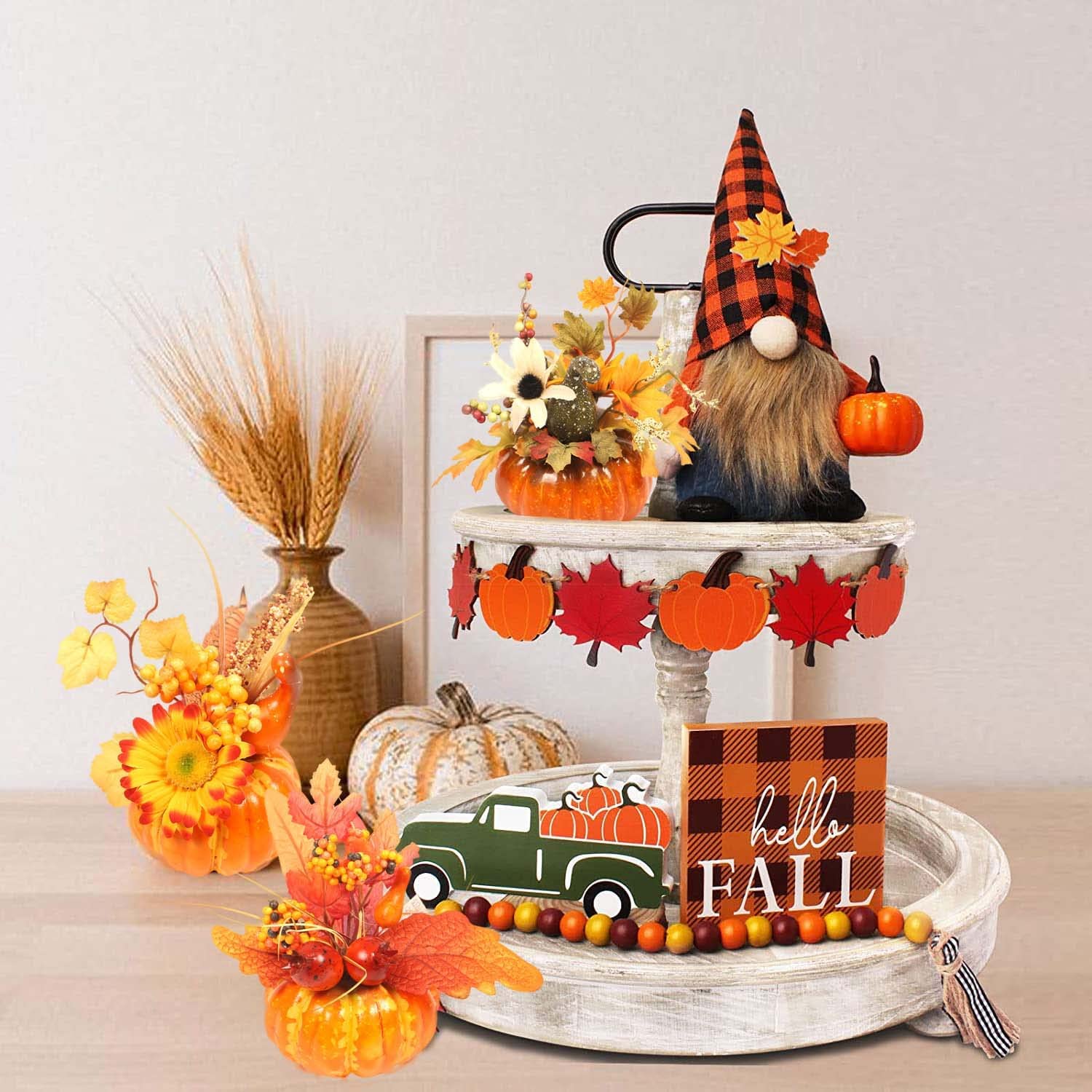 3 Pezzi di zucche Artificiali Set di zucche Artificiali per Decorazioni finte zucche finte con Foglie di Acero Girasoli di Bacche per Il fulcro dell'Autunno di Halloween del Ringraziamento