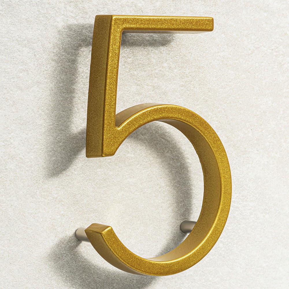 House Signs Direct | Modern Floating 3D Gold Metal House Numbers 5 Inch | Stylish Front Door Numbers with Waterproof Zinc Alloy Finish | Easy Install Door Number Sign for Wall or Gate - Number 5