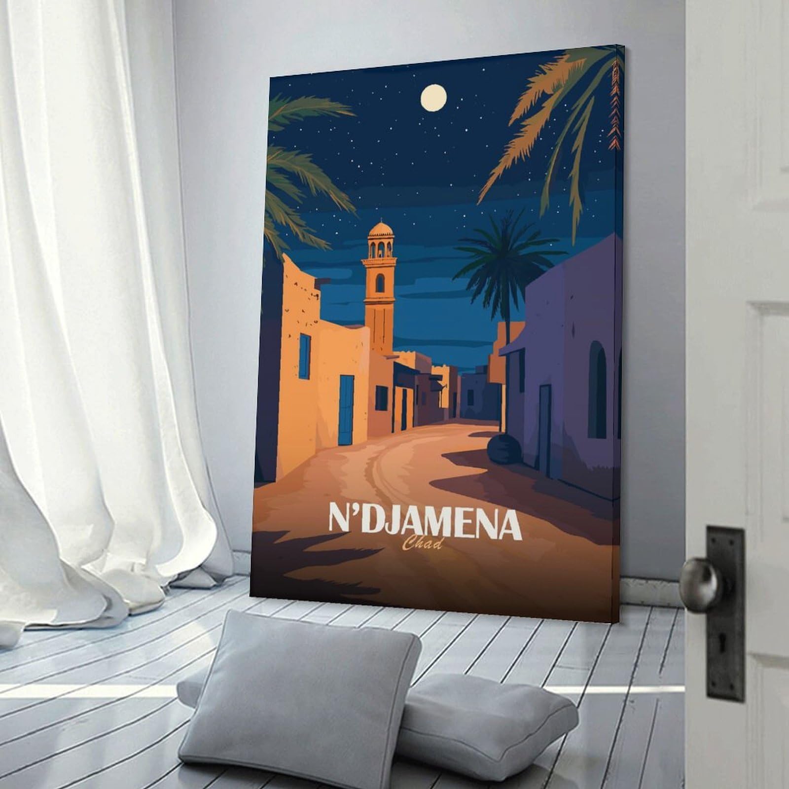 Junmoney NDjamena Chad Nightscape Illustration Decorative Canvas Print 20x30inch(50x75cm), for Corridors, Hallways Or Apartment Entries, Decorative Wall Art for Narrow Spaces
