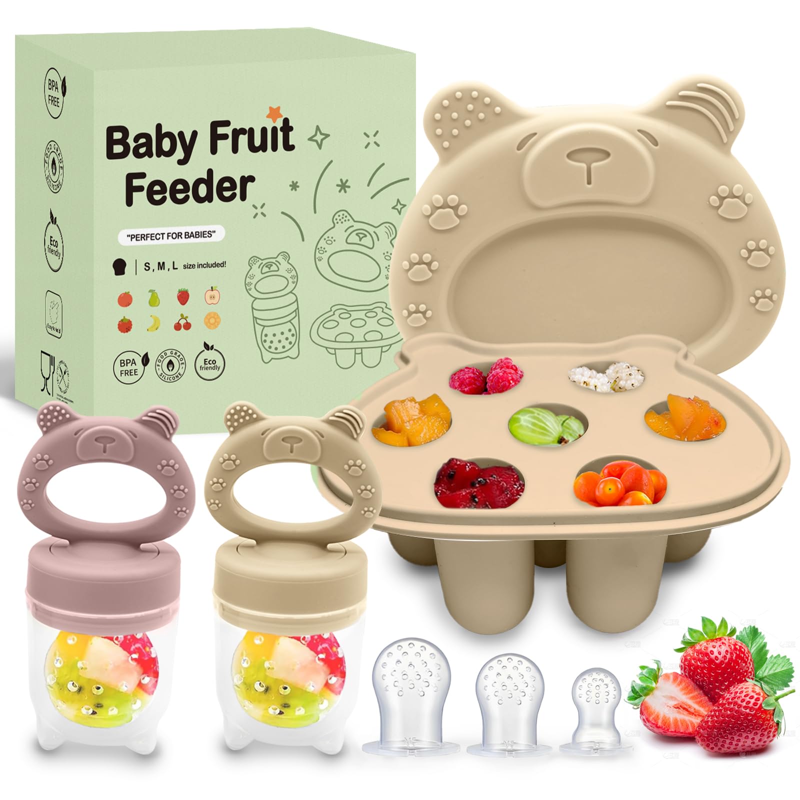 Baby Fruit Feeder Set, Includes 2 Food Dummy Feeders with 3 Size Nipples, Silicone for Babies, Food Freezer Trays, Pacifier & Storage Containers