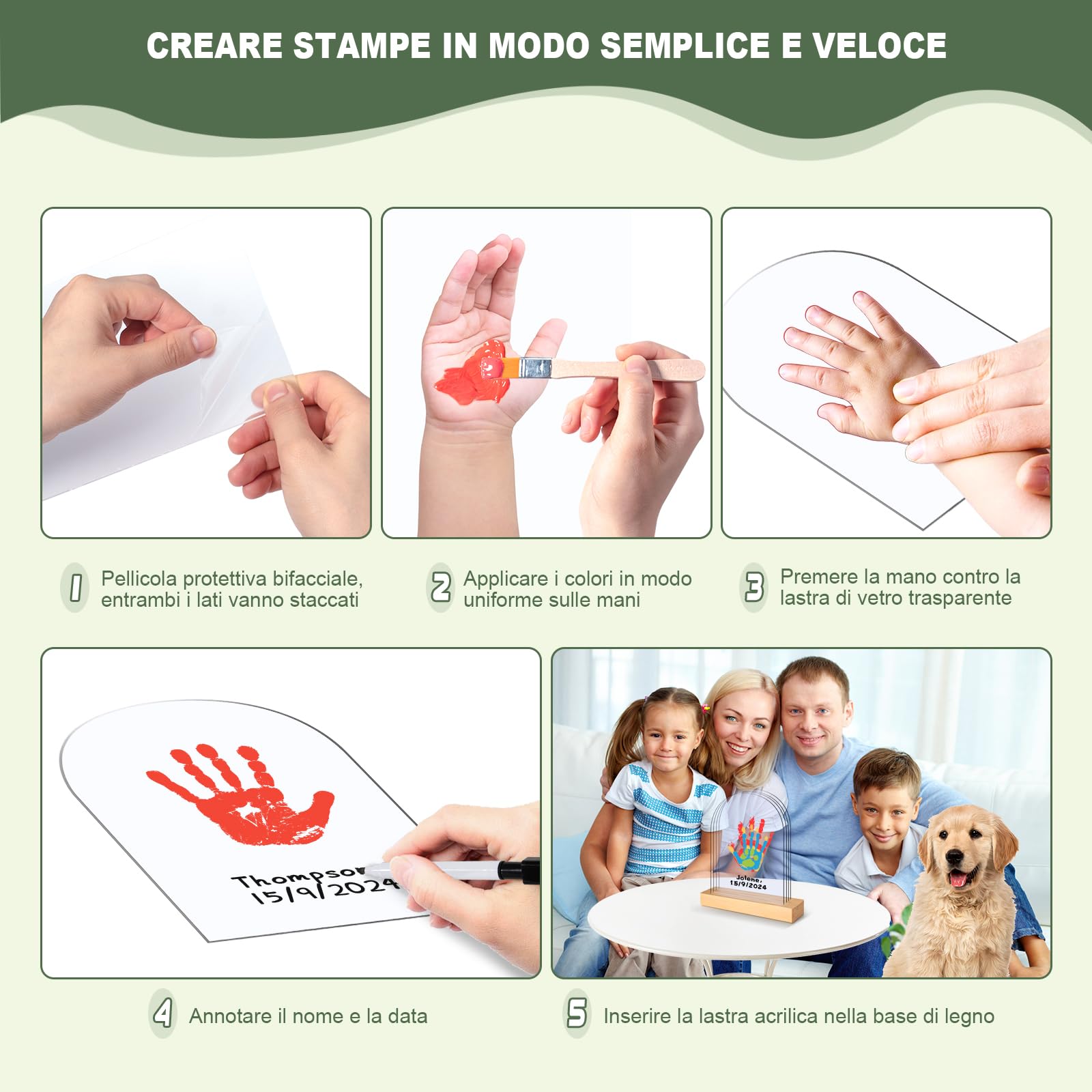 Kit Impronte Mani Famiglia 4 Pannelli In Plexiglas In 5 Colori Base In Legno, Impronta Mani e Piedi Neonati Ideale per Regalo Neonato, Regalo Battesimo, Nuovi Genitori