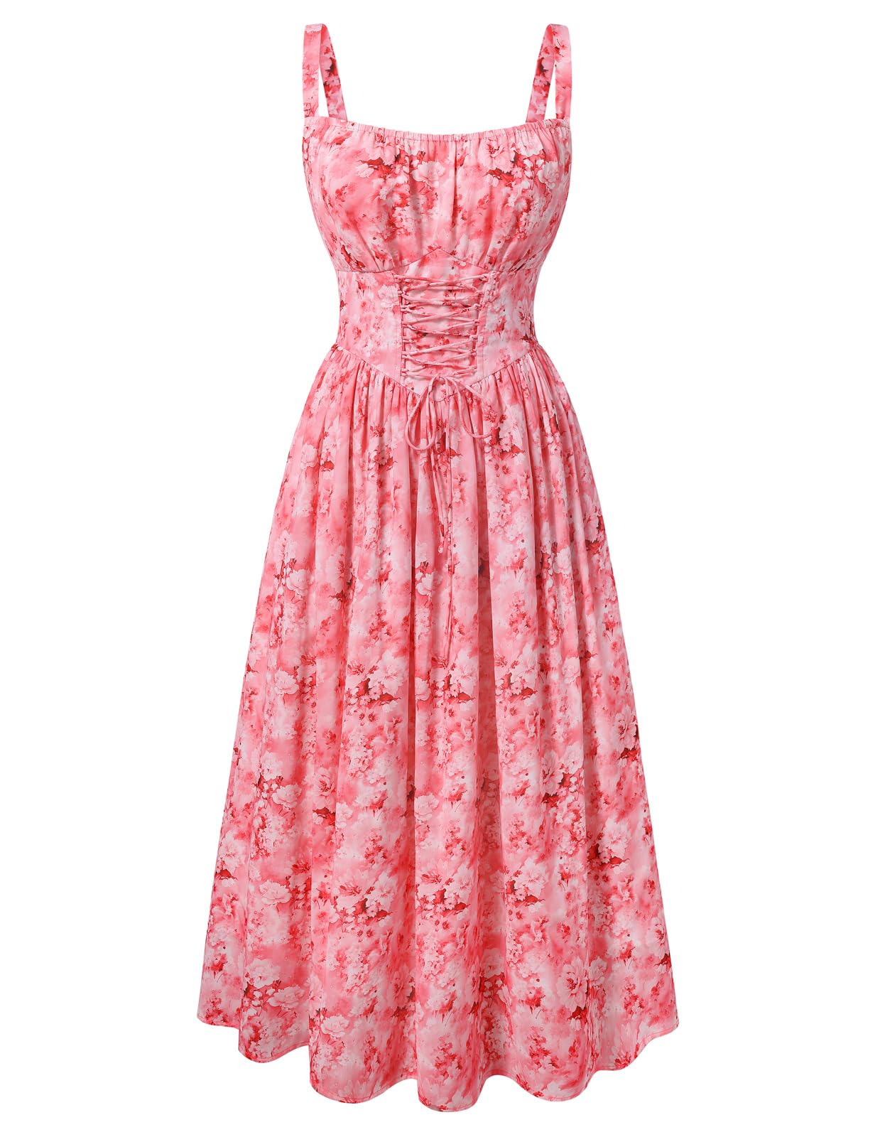 Scarlet Darkness Floral Dress for Women Wedding Guest Sundress with Pockets | Sleeveless Milkmaid Dresses, Lace Up Corset Waist, for Cottagecore, Tea Party, Summer Beach Vacation, Date, Casual
