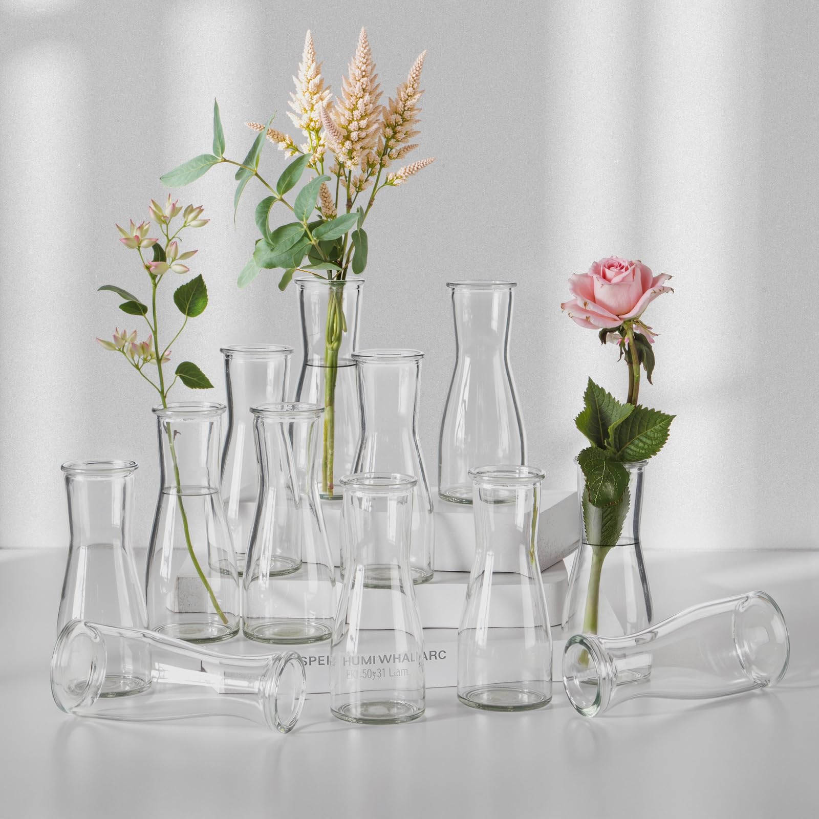 Photo 1 of 12 Flask Glass Bud Vases for Centerpieces, 5.6“ H Transparent Centerpiece Vases for Wedding Bridal Shower Birthday Party Baby Shower Table Decorations Home Decor
