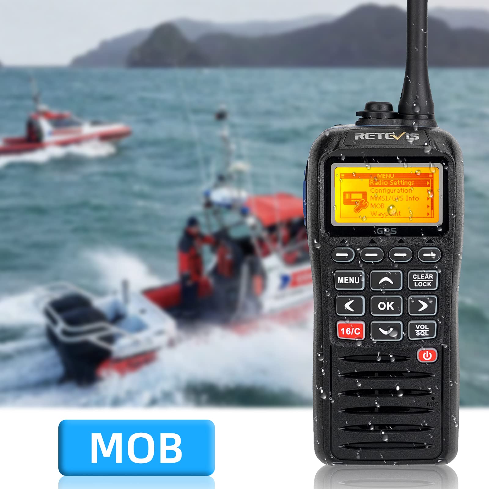Retevis RM40 Talkie Walkie Marine IP67 VHF Marin Portable Flottant GPS Noir