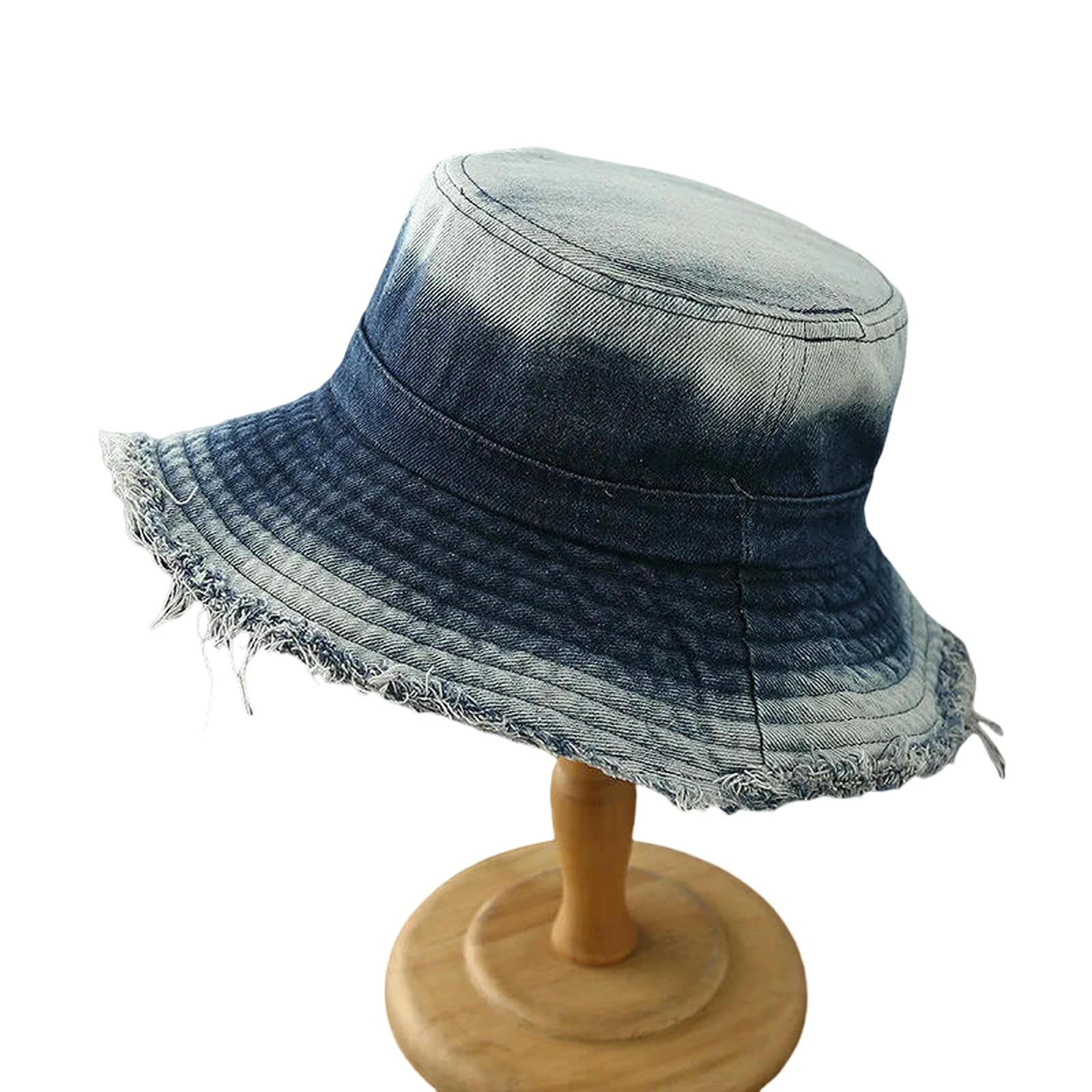 Kapelusz typu bucket Gradient Distressed Denim Hat, Outdoor Travel Fisherman Style With Frayed Edge