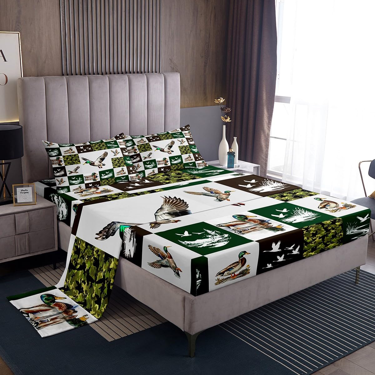 Homewish Mallard Duck - Juego de ropa de cama doble para niños, juego de sábanas de pato camuflado, sábanas bajeras rústicas de cabaña, 4 piezas