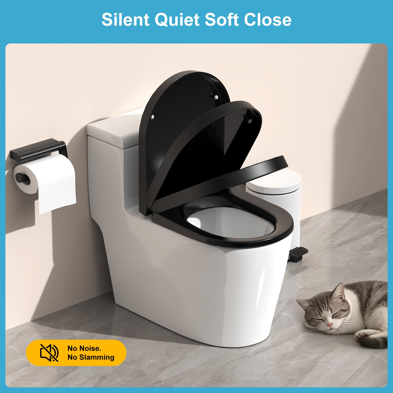YEAUPE PRO Tapa WC Universal Forma de D, Asiento de Inodoro de Cierre Suave con Liberación Rápida para una Fácil Limpieza, Negro, 43,5 * 36,2 * 5,1 CM, Incluye plantilla de instalación