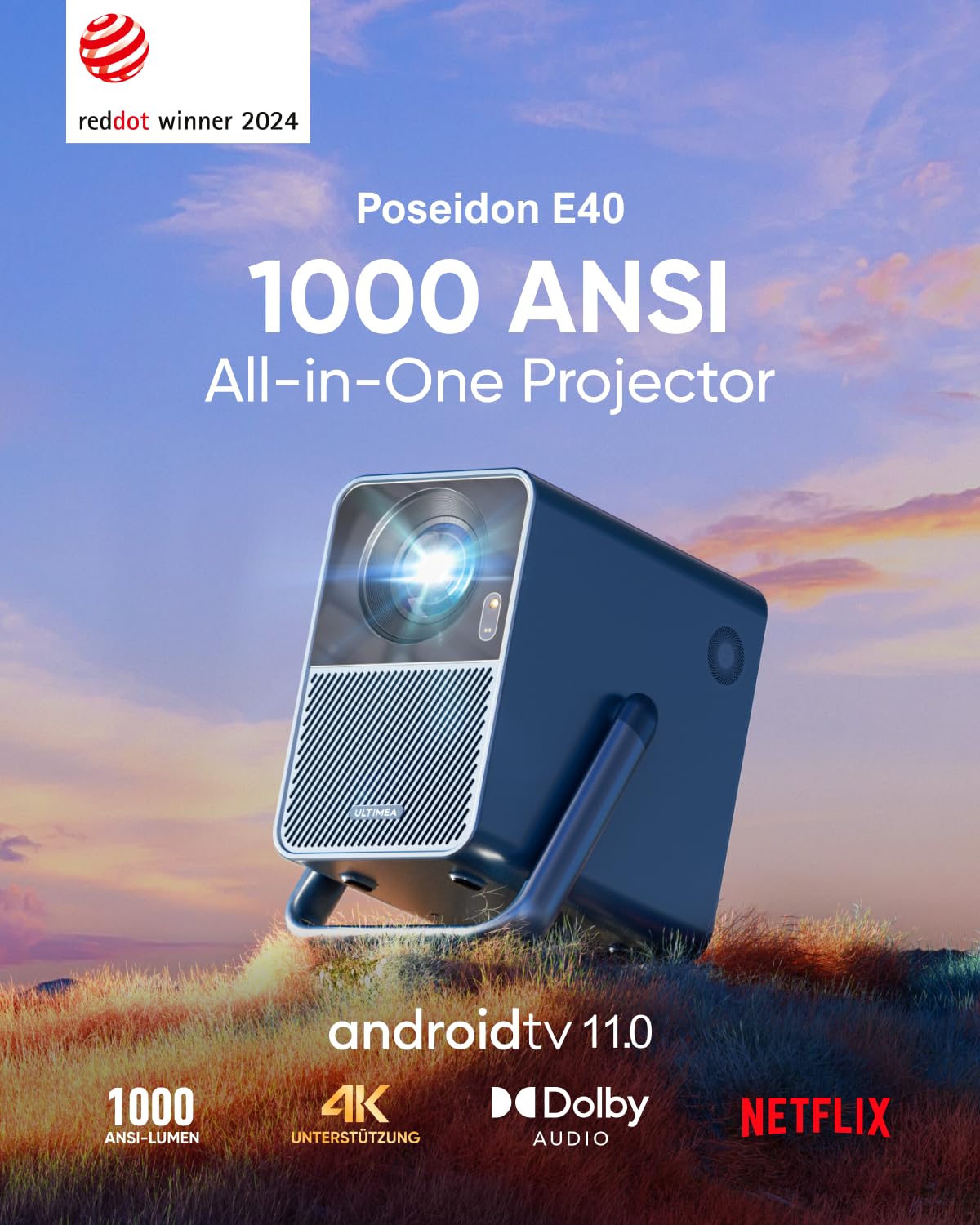 ULTIMEA Beamer Android TV 11.0 Offizielle mit Netflix, True 4K Heimkino Beamer 1000 ANSI-Lumen Unterstützung, Dolby Audio, Tiefe Bässe, Outdoor Projektor Native 1080P, Tragegriffdesign, Poseidon E40