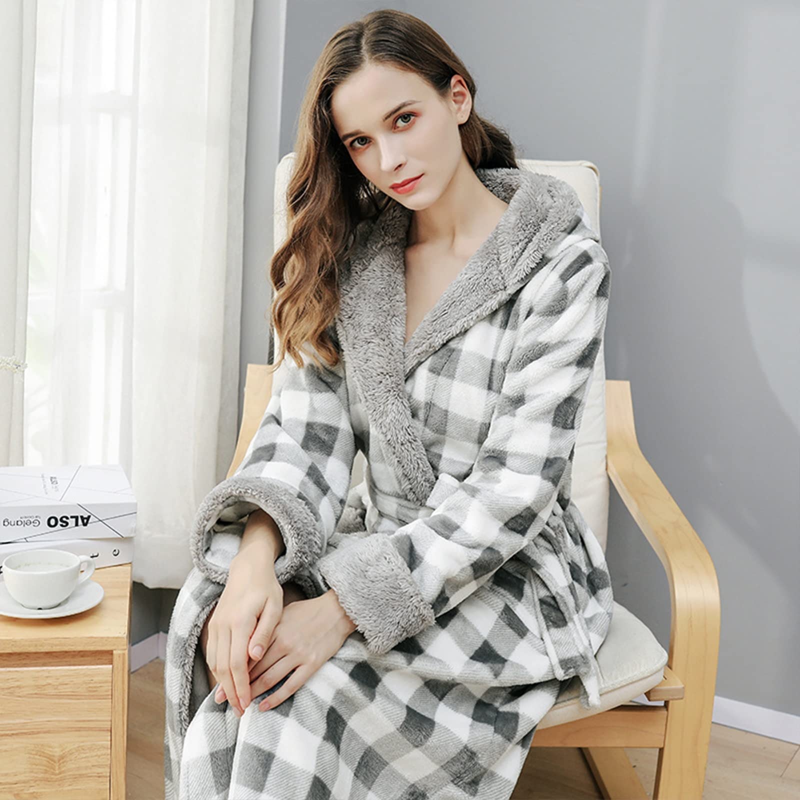 Damen Morgenmantel Lang Mit Gürtel - Fleece Bademantel Für Herbst/Winter