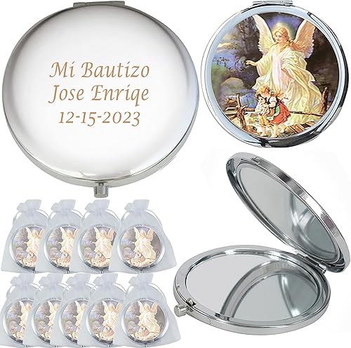 WE Ángel de la guarda (12 piezas) Espejo compacto personalizado para primera comunión, bautizo, bautismo, sabores Mi Bautizo grabado láser