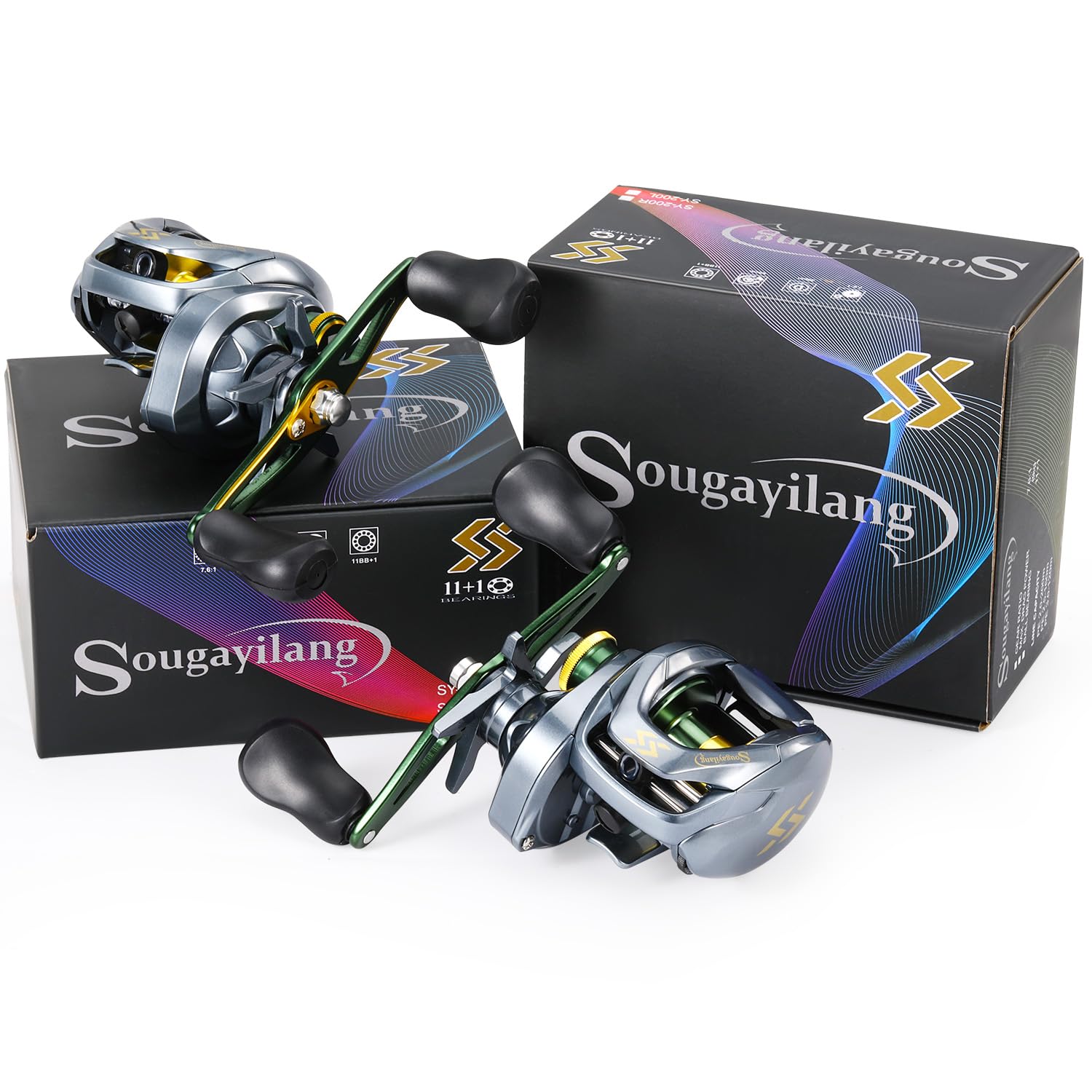 Sougayilang SY-200 - Mulinello da pesca per baitcasting, 11+1, doppia schermatura, in acciaio inox, freni magnetici a 7 pulsanti, rapporto di trasmissione 7,6:1, 8 kg di resistenza liscia