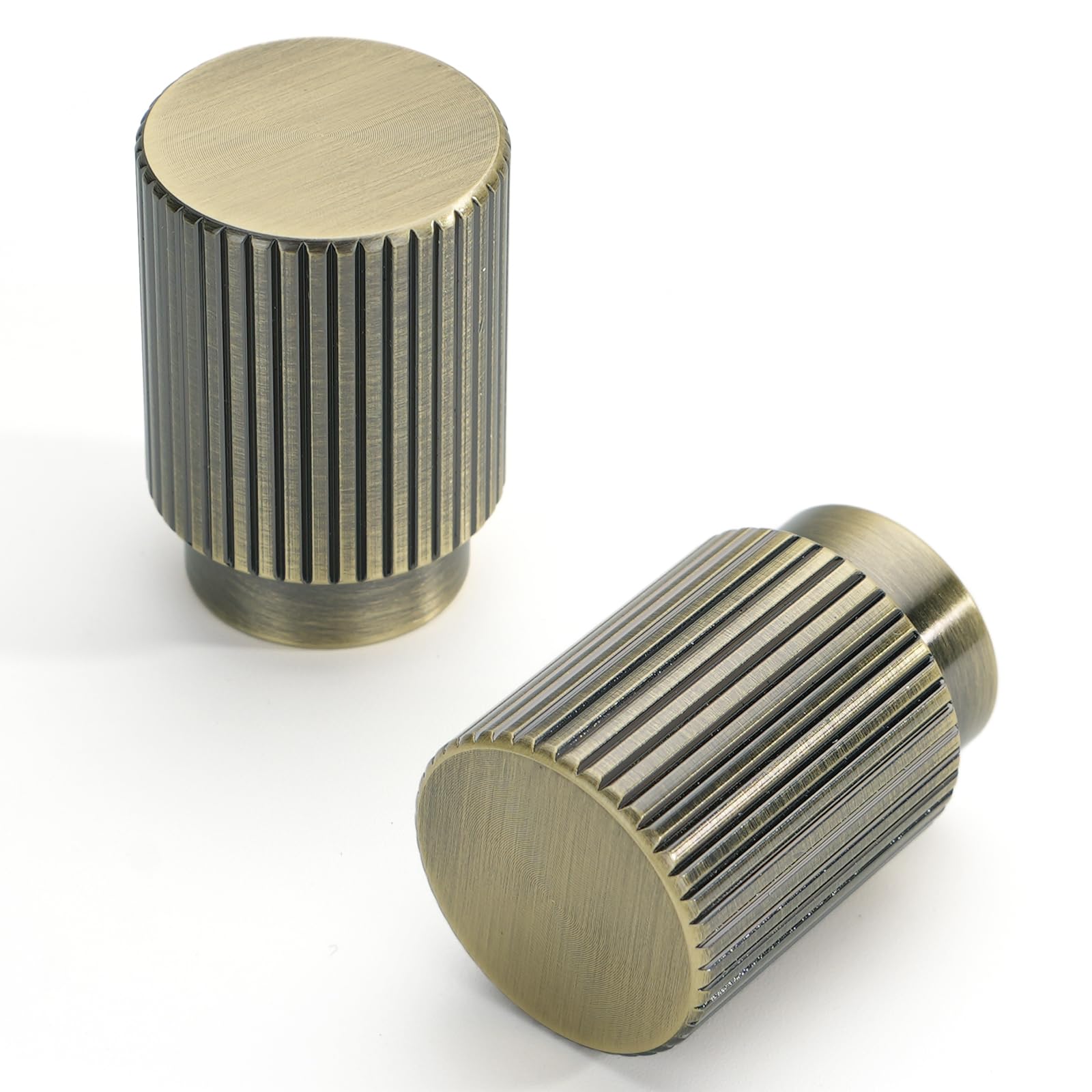 FURNIWARE 10 Pack Shiny Antique Brass Cabinet Knobs, Vertical Lines Design, Bronze 20mm Round Head, Vintage Aluminium Pull Handles, Retro Door Knob for Kitchen Cupboard, Dresser, Wardrobe