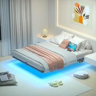 LOAKEKEL Full Bed Frame, with USB Charging Station, Floating Bed Frame Full Size with Smart LED Lights, Metal Platform Bed, Heavy Duty Steel Slat, No Box Spring Needed, Easy Assembly, HBF130BK