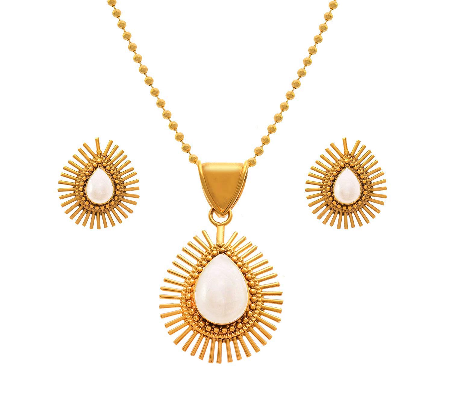 JFLRadiant Rays with Glassy Stone Designer One Gram Gold Plated Pendant with Chain & Earrings for Girls & Women.
