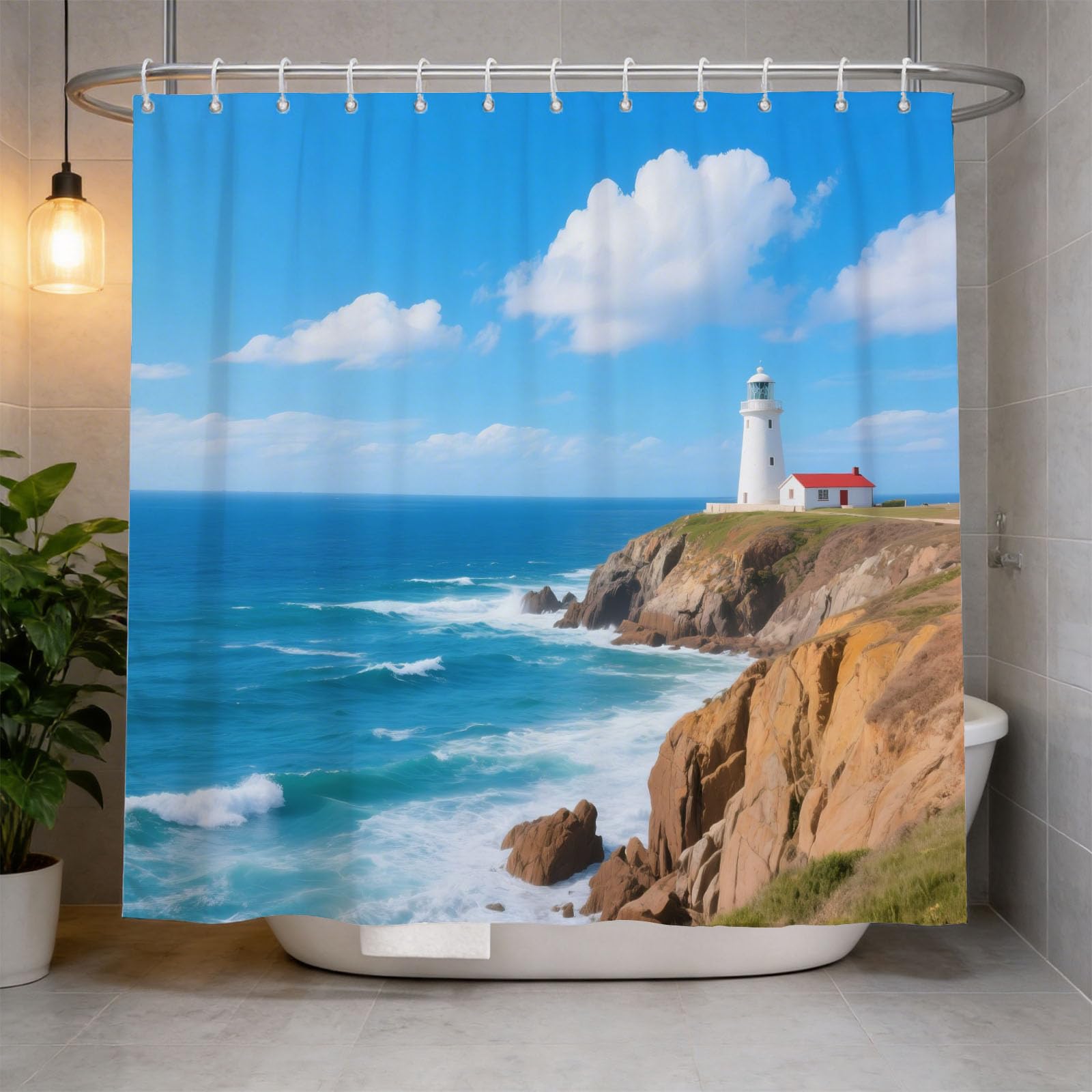 Hongduo 3D Lighthouse Shower Curtain for Stalls Bathtubs Ocean Scenery Bathroom Decor Shower Curtain Set Polyester Fabric Waterproof 200x200cm/79X79 Inch with Hooks