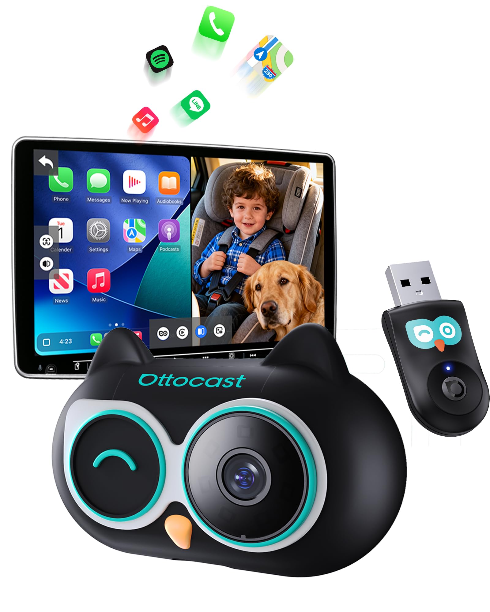 OTTOCAST Cabin Care Car Adapter with Baby Car Camera, Wireless CarPlay Display on CarScreen 2026, Plug-and-Play 1080P HD Rear Seat Baby Monitor, Split