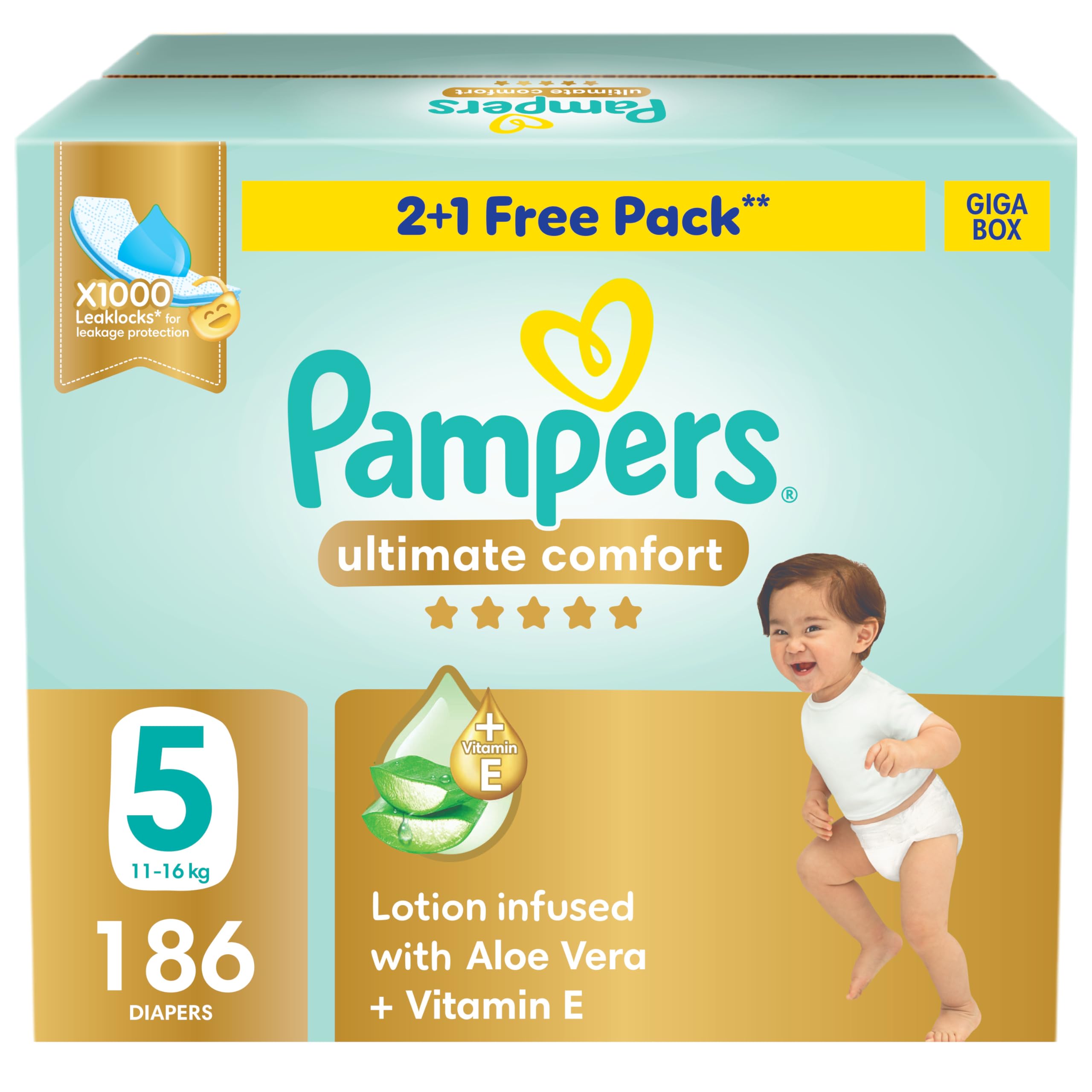 Pampers Ultimate Comfort Taped Diapers, Size 5, 11-16kg, Lotion infused with Aloe Vera and Vitamin E, x1000 Leak Locks Technology for Leakage Protection, Giga Box, 186 CountPampers Ultimate Comfort Taped Diapers, Size 5, 11-…
