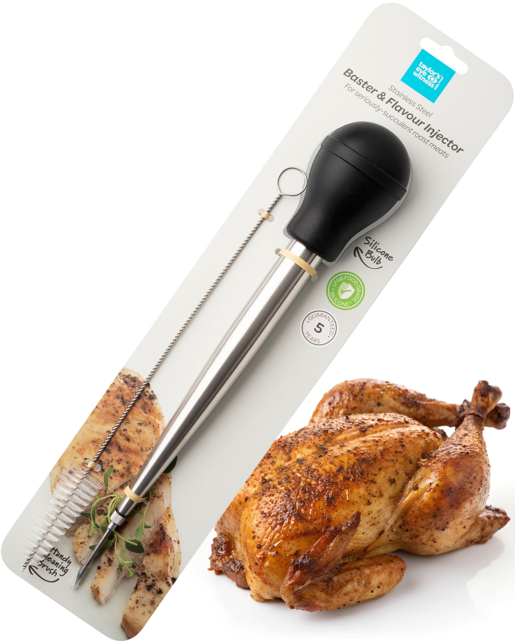 Taylors Eye Witness Stainless Steel Turkey & Chicken Baster – Premium Roasting Baster with Silicone Bulb, Flavour Injector & Cleaning Brush. for Juicy, Succulent Roast Meats, Poultry & BBQ