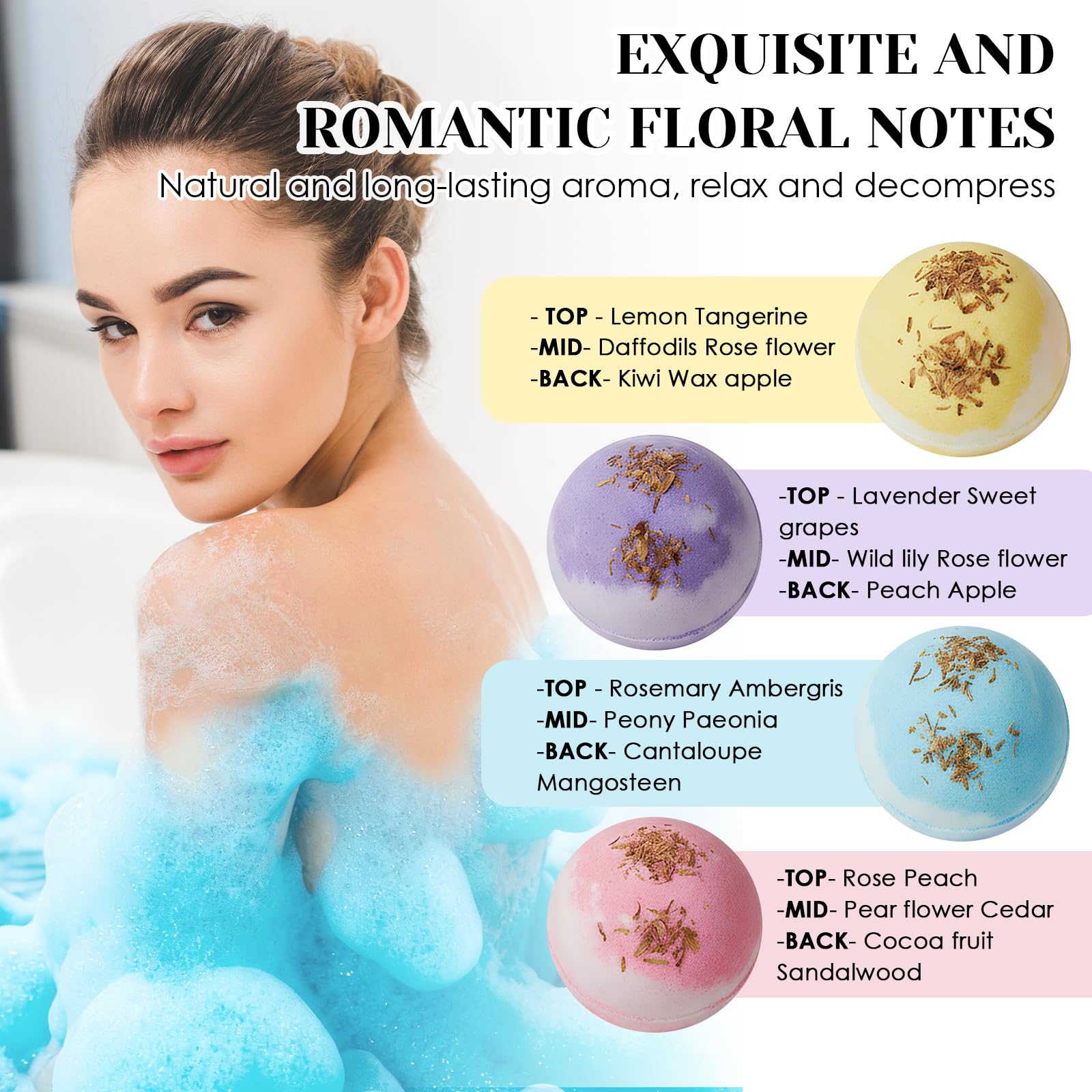 Lot de 4 Coffret Boules de Bain, Bombe de Bain Moussante Naturelle,Coffret Boule de Bains Idéal pour Anniversaire, Saint Valentin, Fête des Mères, Cadeau Relaxant,100gx4pcs