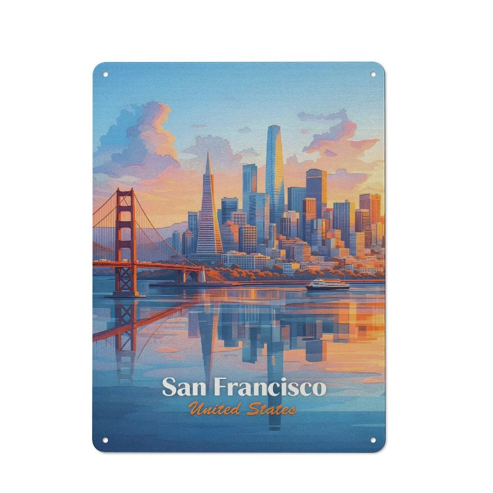 San Francisco Skyline at Sunset Decorative Tin Sign 40x30cm, Old Fashioned Vintage Wall Decor for Lounge, Study, Pub Or Wall Gallery