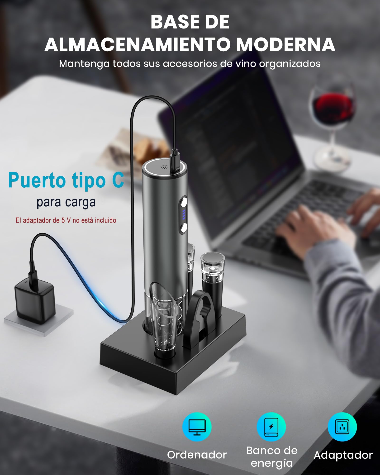Sacacorchos eléctrico recargable inox, abridor de vino electrico saca rolhas regalos para hombre mujere abrebotellas con vertedor aireador, 2 tapón vino al vacío, cortador láminas y cable USB