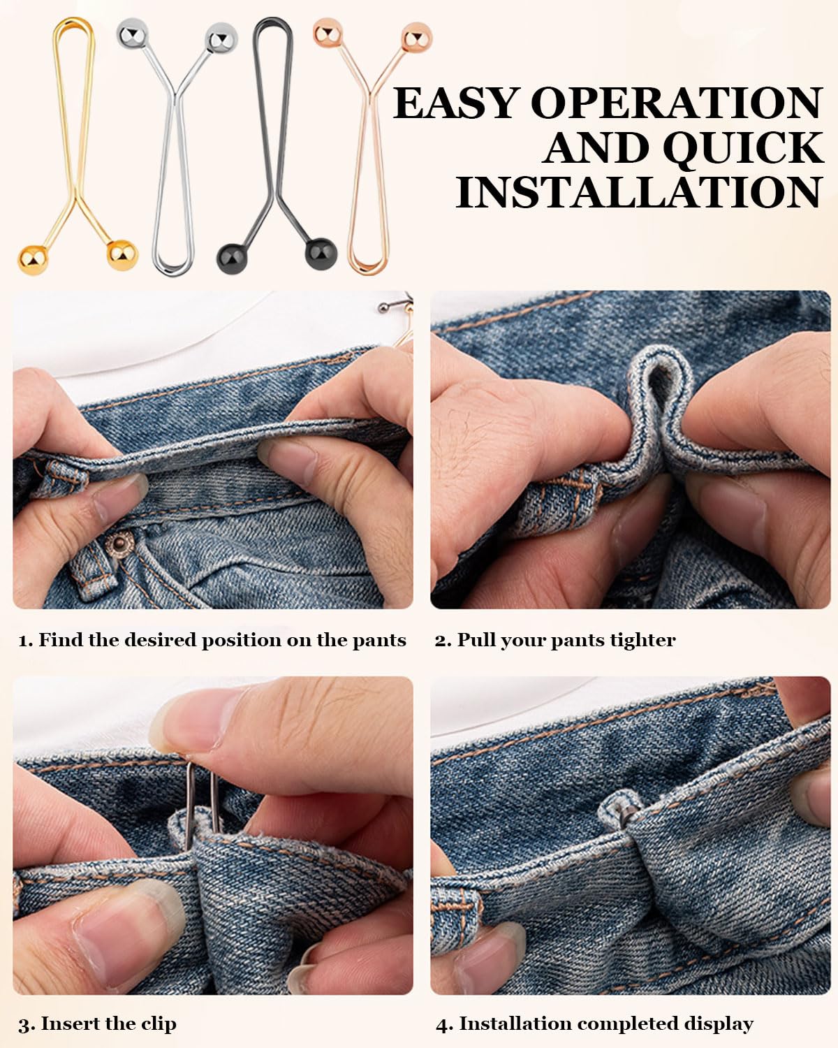 12 Piezas Clip de Ajuste de Pantalones,Adjustable Jeans Buttons,Tensores de Cintura para Pantalones,Botones de Cintura Extraíbles,para Jeans,Faldas,Mangas(Oro,Plata,Negro,Oro-Rosa)