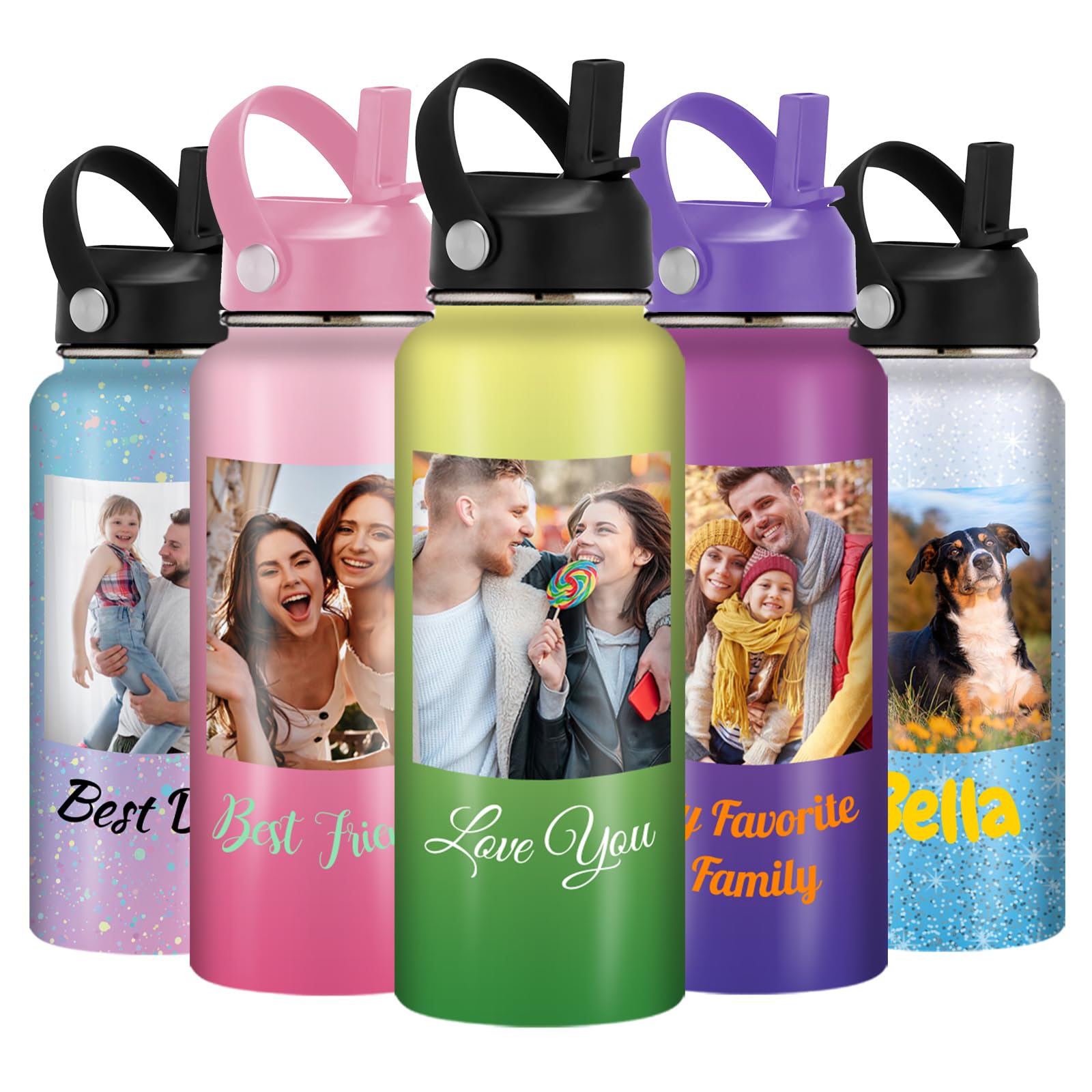 Custom Personalised Water Bottles for Kids Toddler Adult Customizable Name Photo Picture Customized Print Stainless Steel Water Bottle Cups Gifts for Girls Boys Men Women