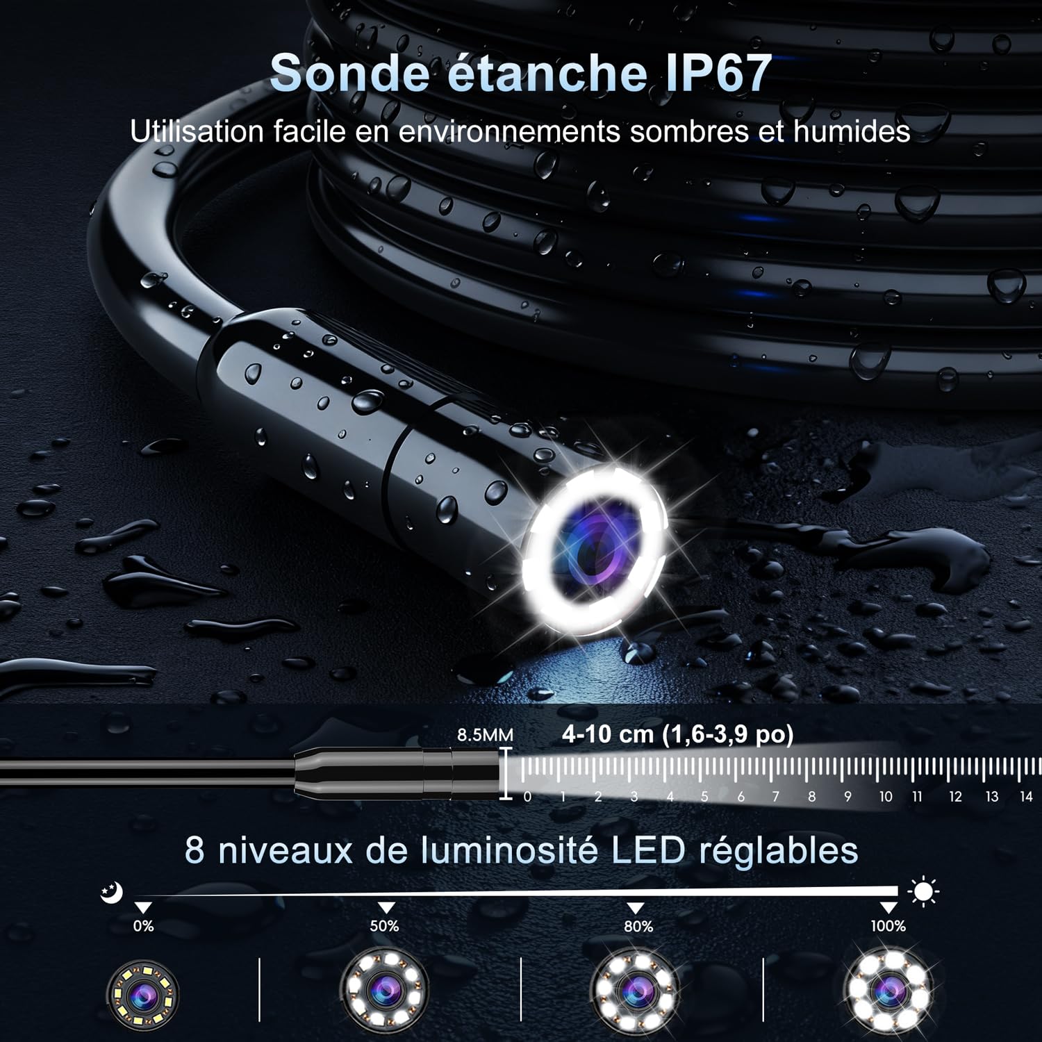SKYBASIC Endoscope Industrielle, Caméra de Inspection HD 1080P avec Écran IPS 4,3 Pouces, Caméra Endoscopie IP67 Étanche avec 8 LED, Caméra Serpent pour Automobile, Mur, Canalisation-20M