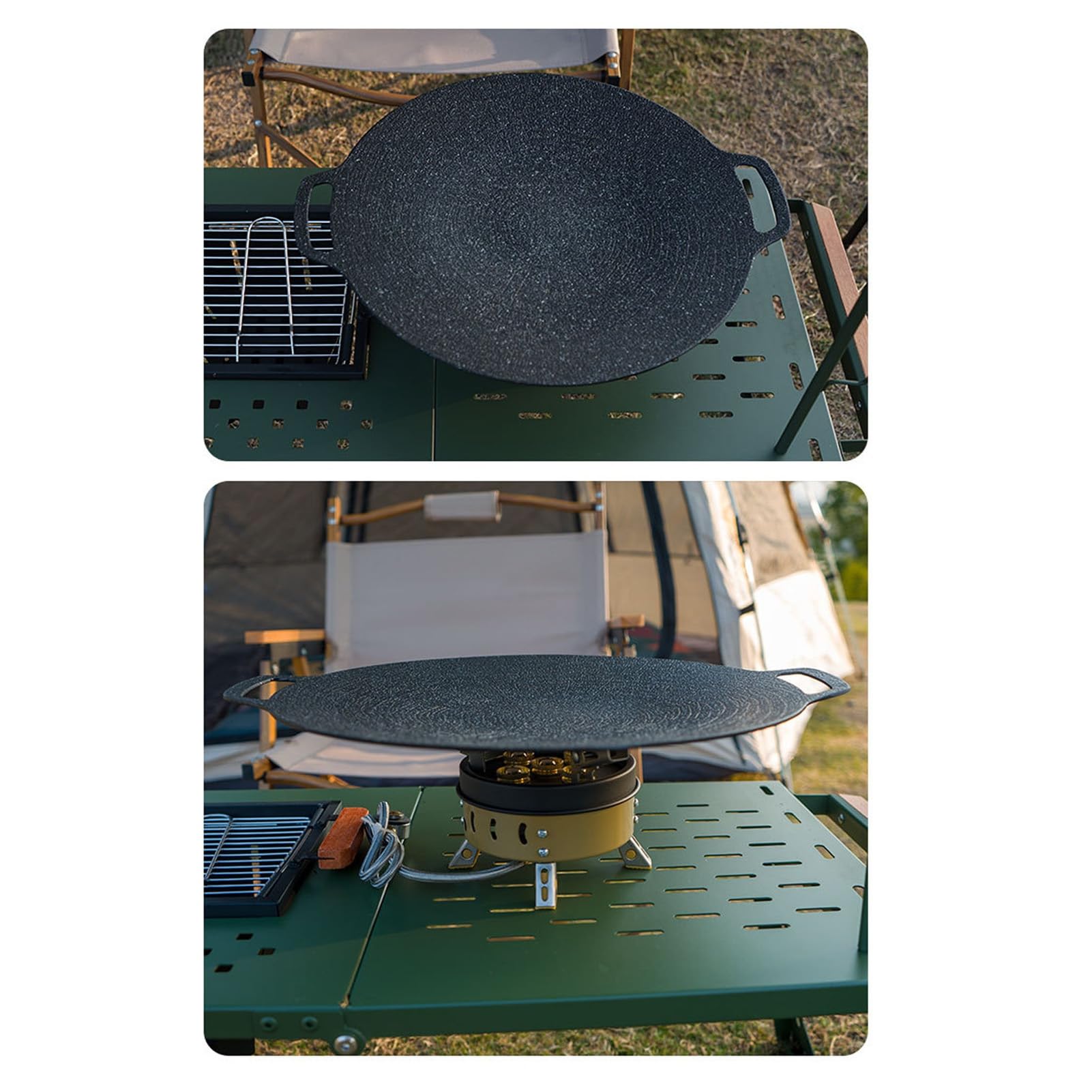 Plancha redonda antiadherente de aleación de aluminio, sartén con doble Mango para barbacoa, Camping, Picnic, cocina al aire, uso en cocina interior (33CM)